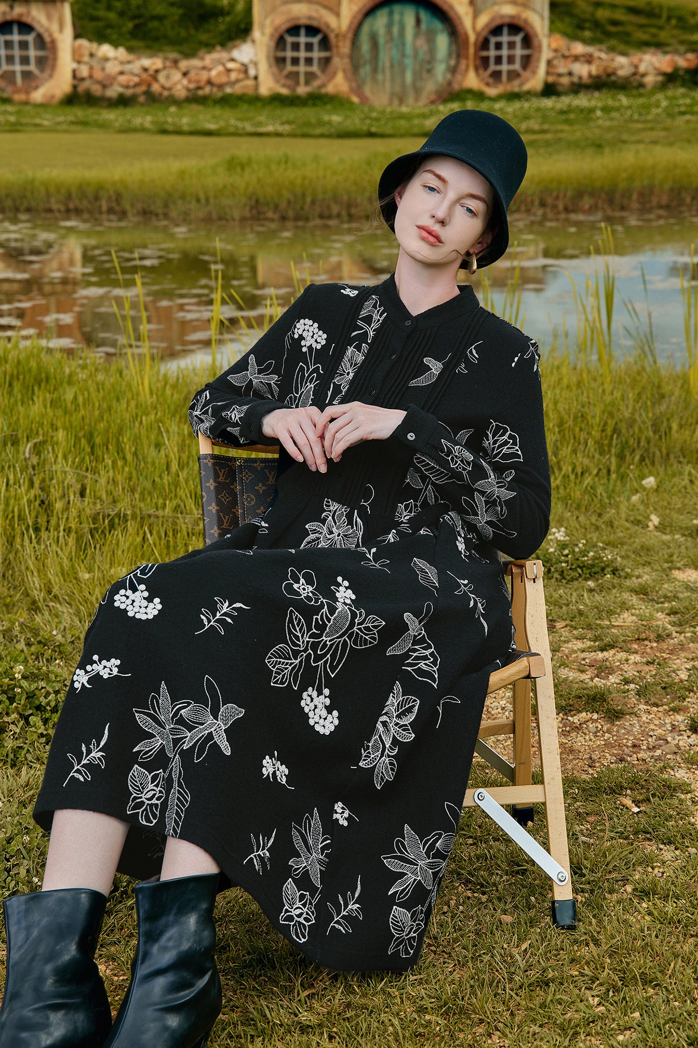 KAMILAN Women's Knitted Embroidered Dress – 2025 Autumn/Winter New High-Waist Midi Shirt Dress with Stand Collar and Long Sleeves