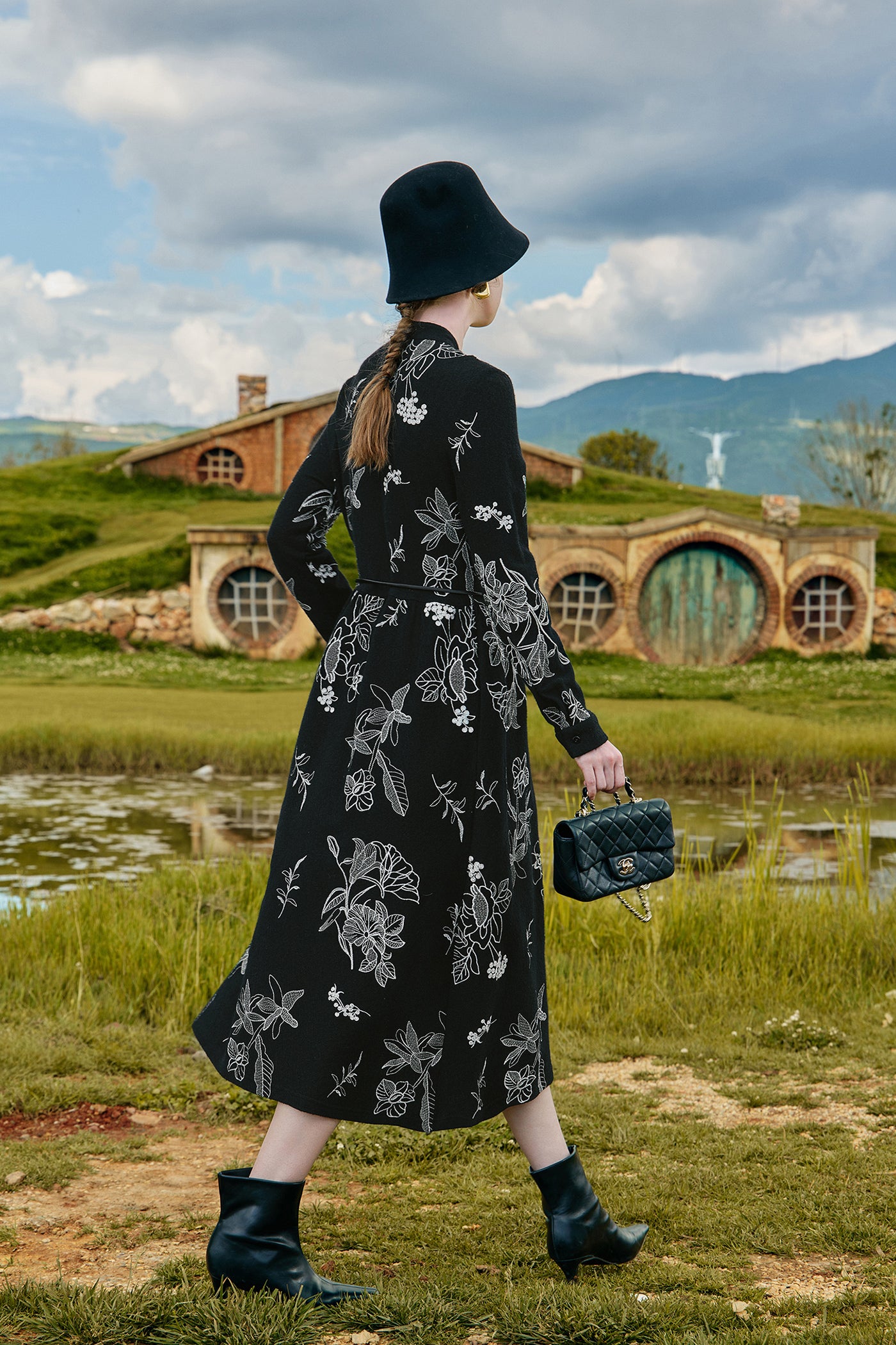 KAMILAN Women's Knitted Embroidered Dress – 2025 Autumn/Winter New High-Waist Midi Shirt Dress with Stand Collar and Long Sleeves