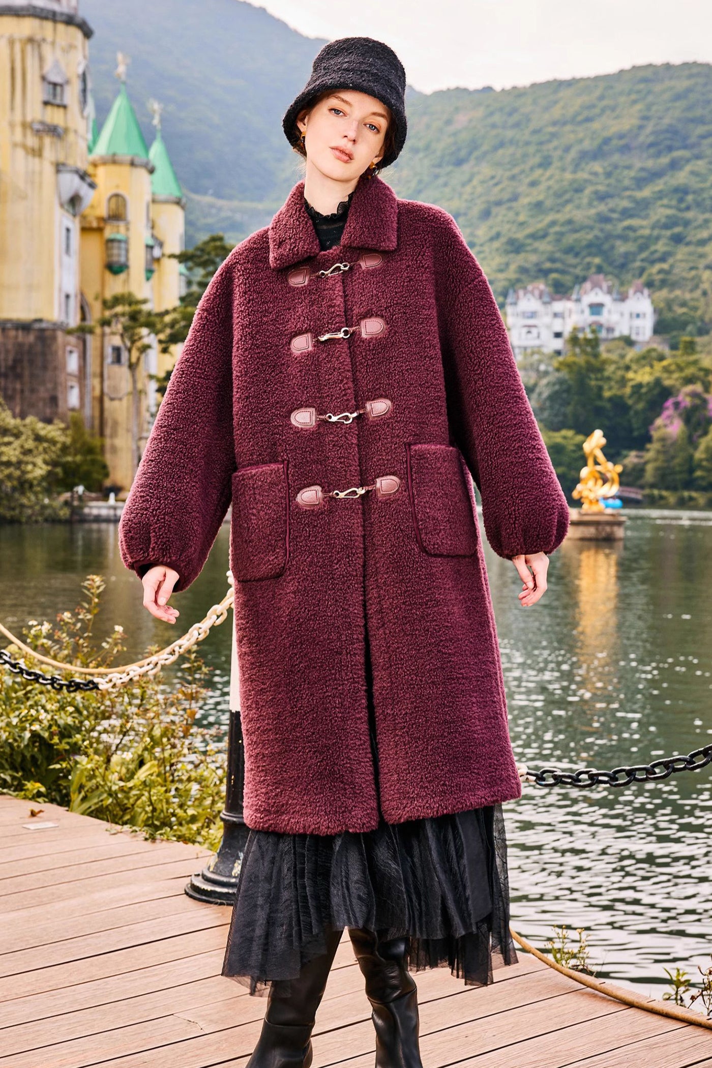 KAMILAN Women's Faux Shearling Coat – 2025 Winter New Mid-Length Lapel Eco Fur Jacket