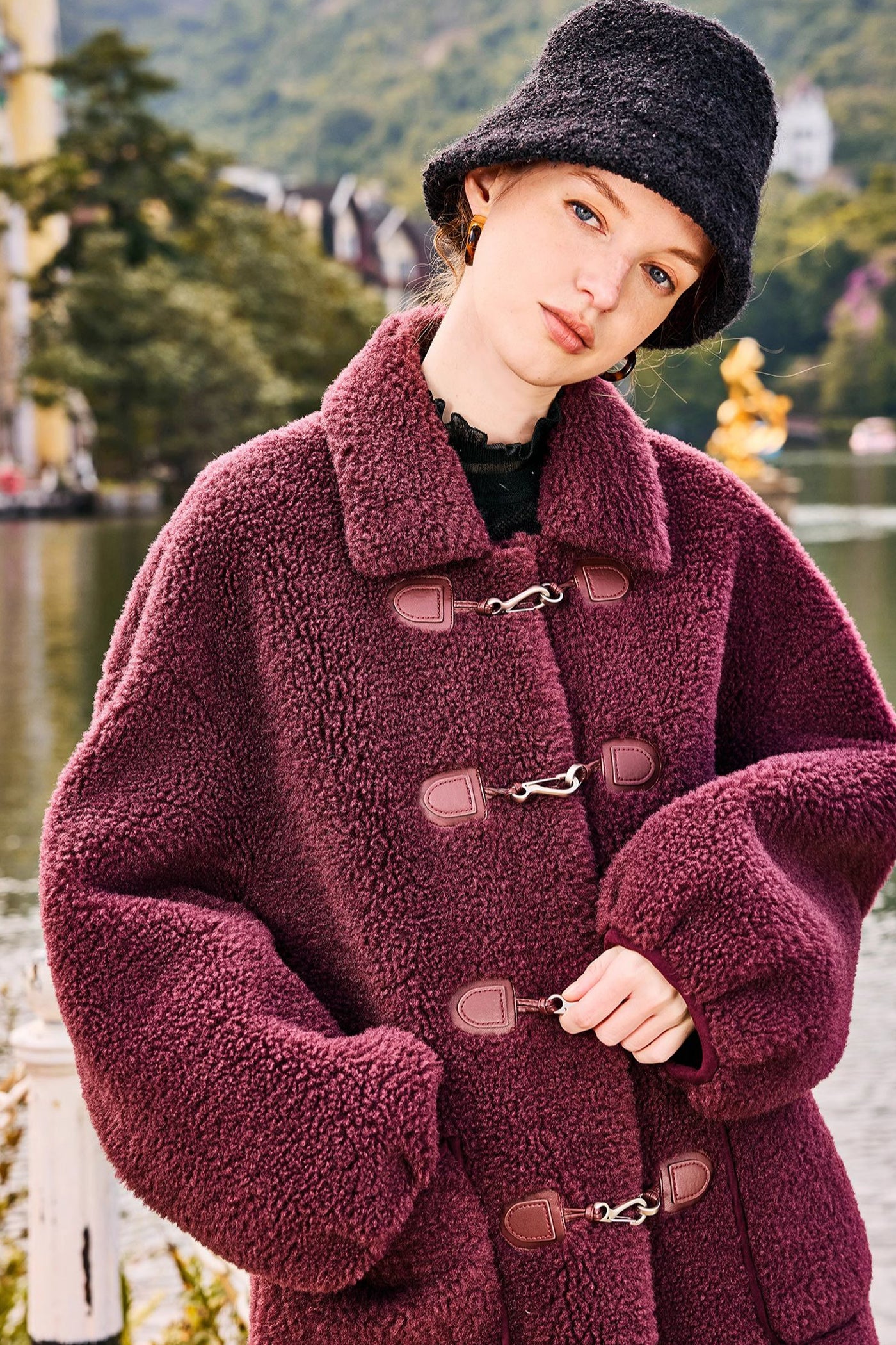 KAMILAN Women's Faux Shearling Coat – 2025 Winter New Mid-Length Lapel Eco Fur Jacket