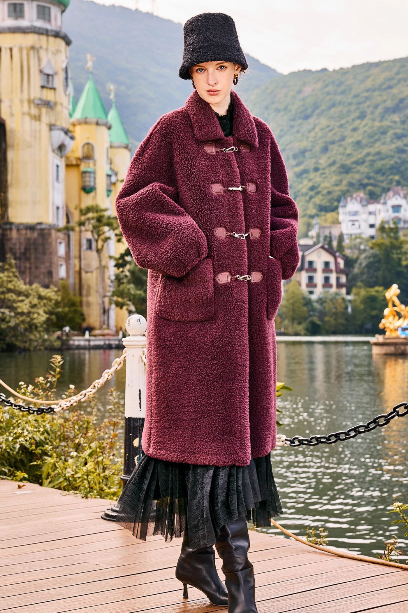 KAMILAN Women's Faux Shearling Coat – 2025 Winter New Mid-Length Lapel Eco Fur Jacket