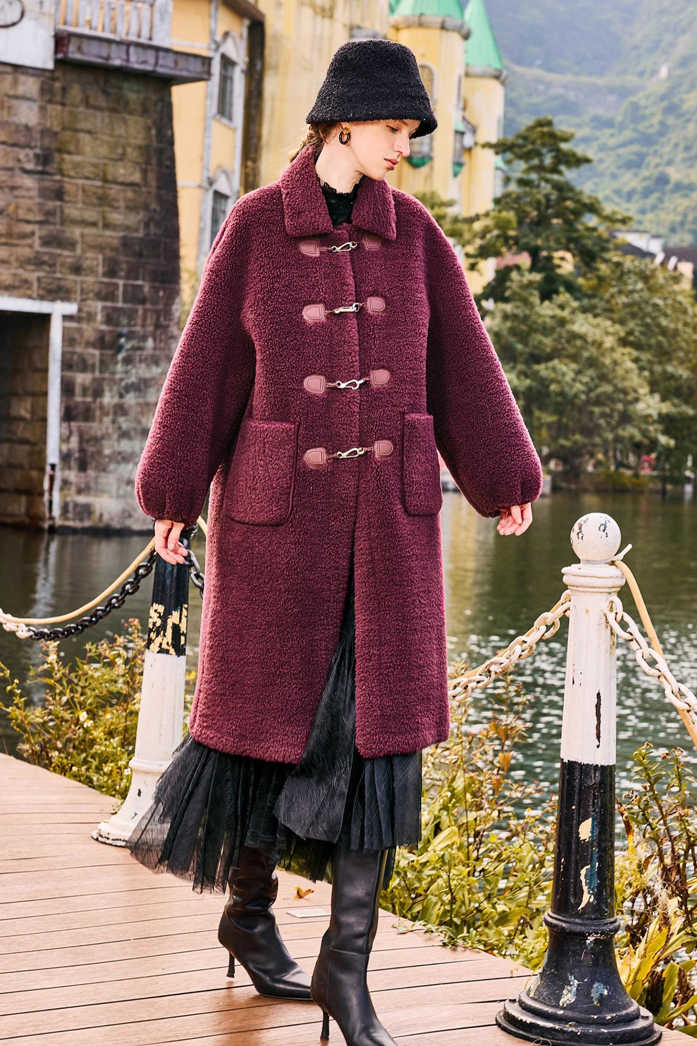 KAMILAN Women's Faux Shearling Coat – 2025 Winter New Mid-Length Lapel Eco Fur Jacket