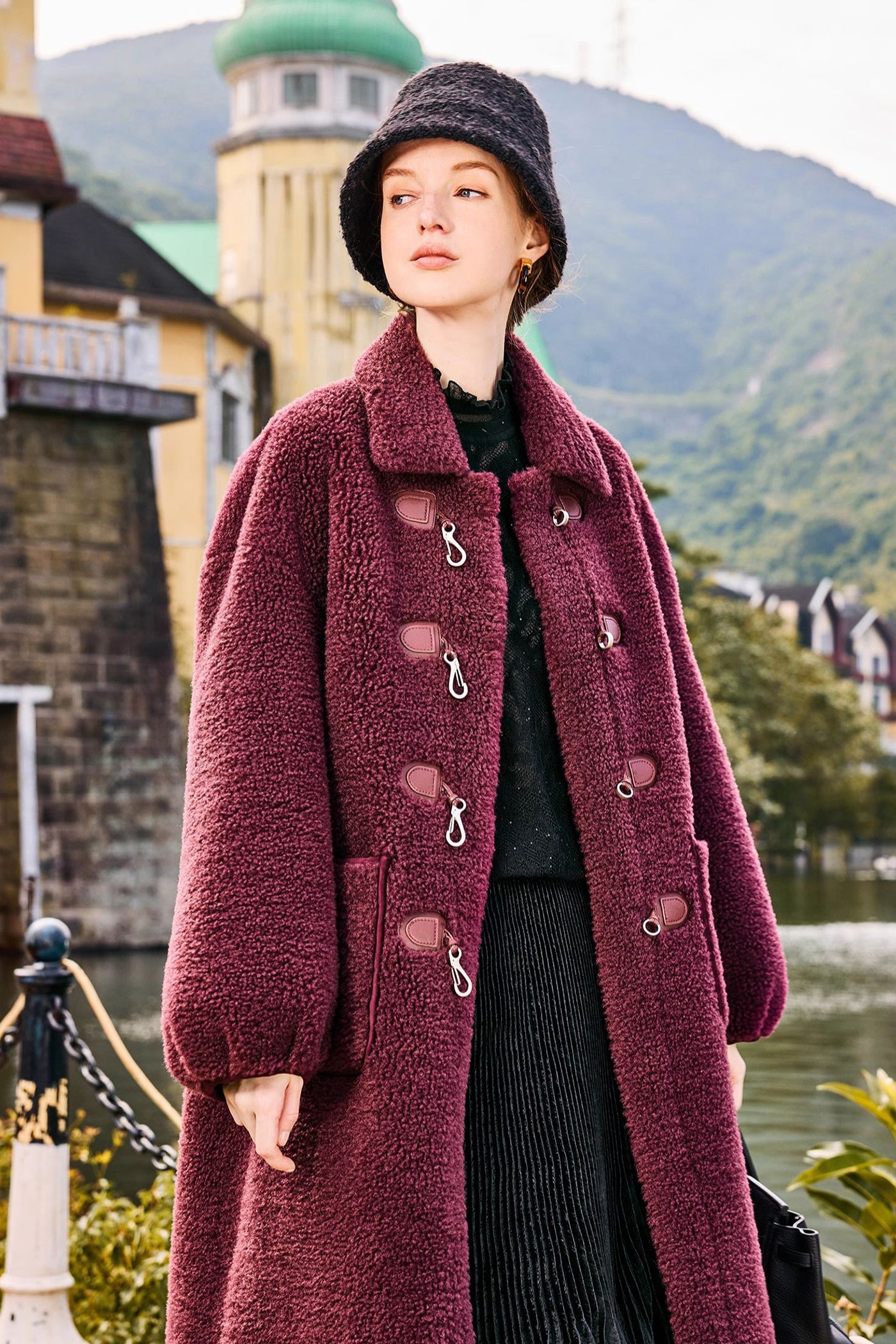 KAMILAN Women's Faux Shearling Coat – 2025 Winter New Mid-Length Lapel Eco Fur Jacket