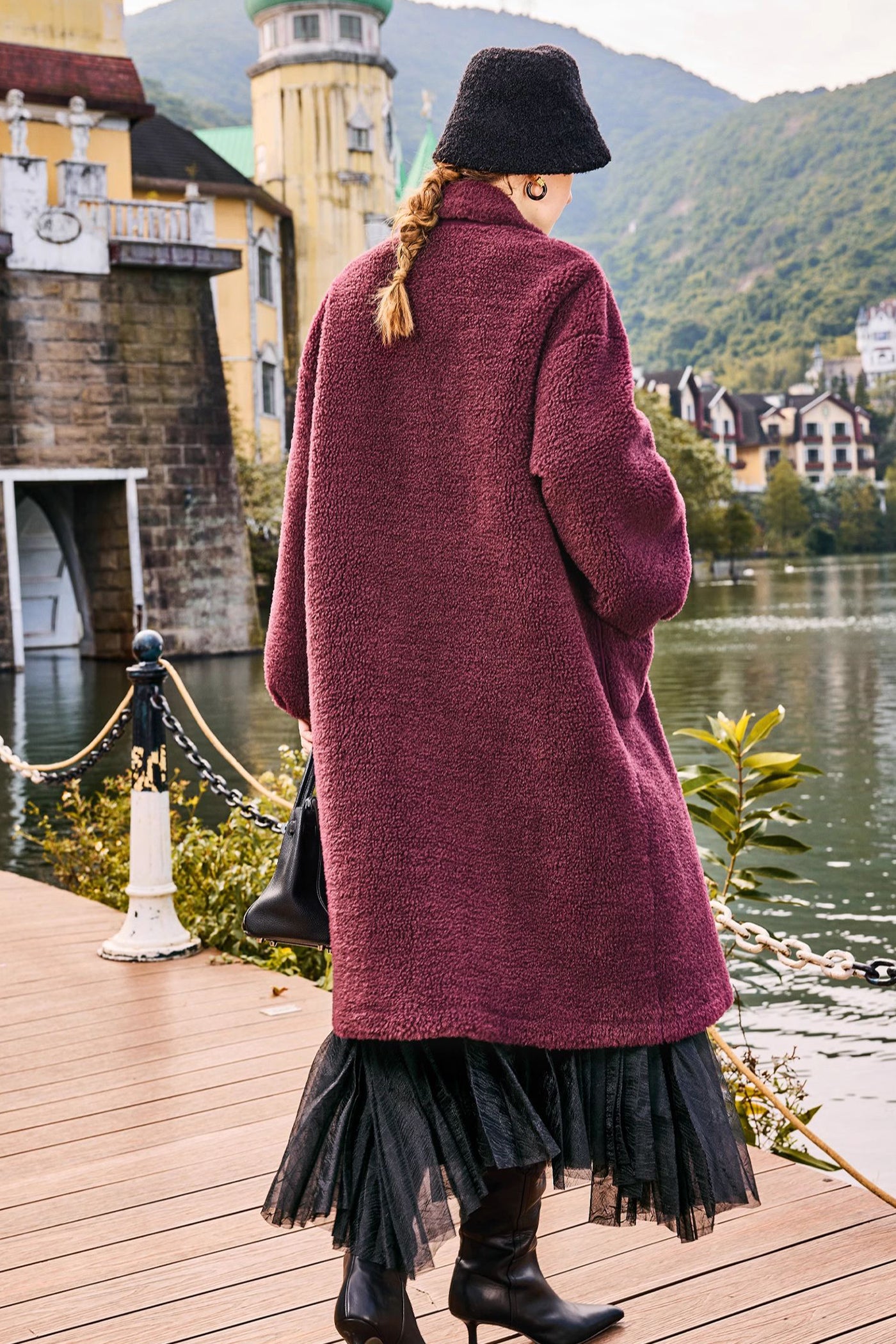 KAMILAN Women's Faux Shearling Coat – 2025 Winter New Mid-Length Lapel Eco Fur Jacket