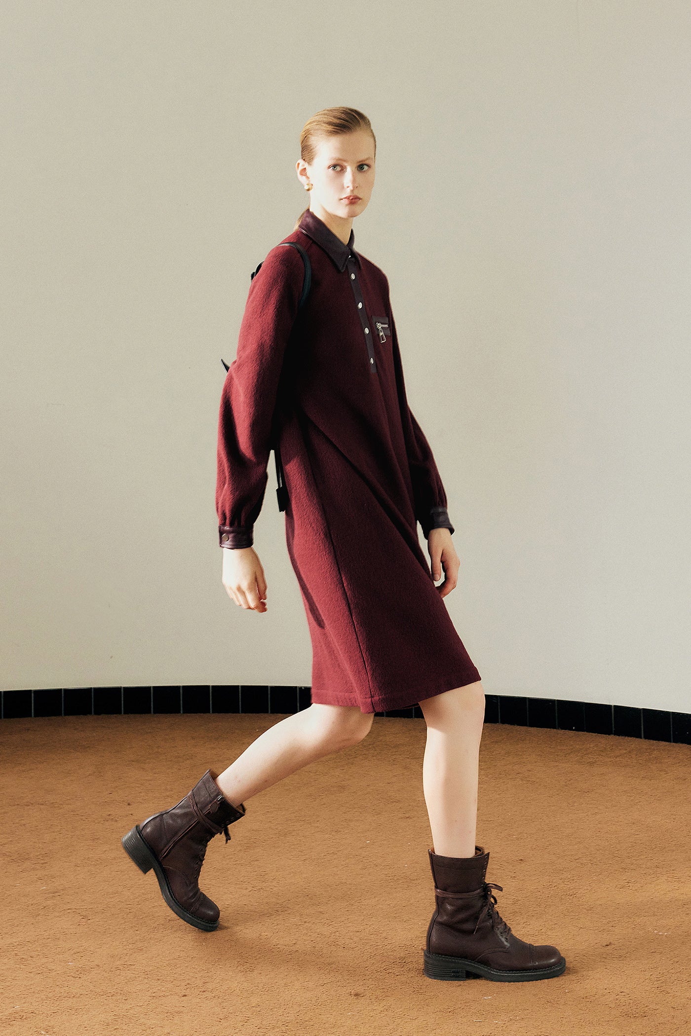 KAMILAN Women's Wool Midi Dress – 2025 Autumn New Genuine Leather Splice Long-Sleeve Dress