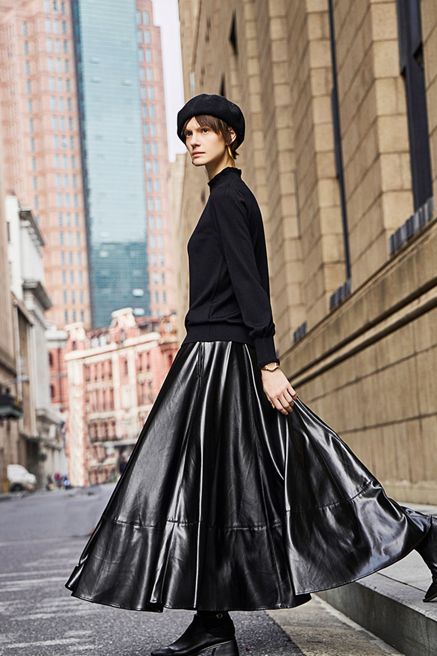 KAMILAN Women's High-Waist Midi Skirt – 2025 Winter New Faux Leather PU Skirt Elegant A-Line Bottom