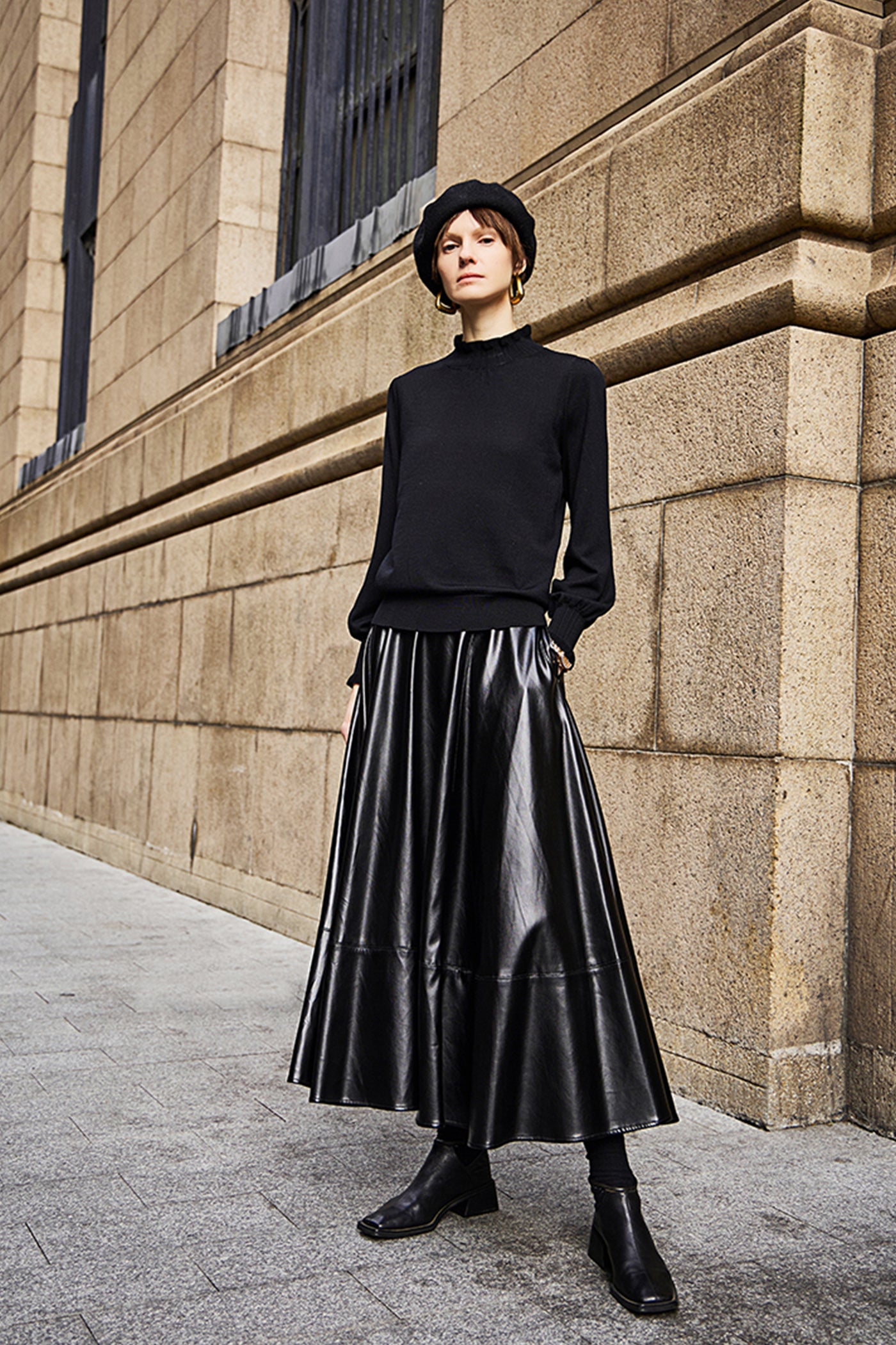 KAMILAN Women's High-Waist Midi Skirt – 2025 Winter New Faux Leather PU Skirt Elegant A-Line Bottom
