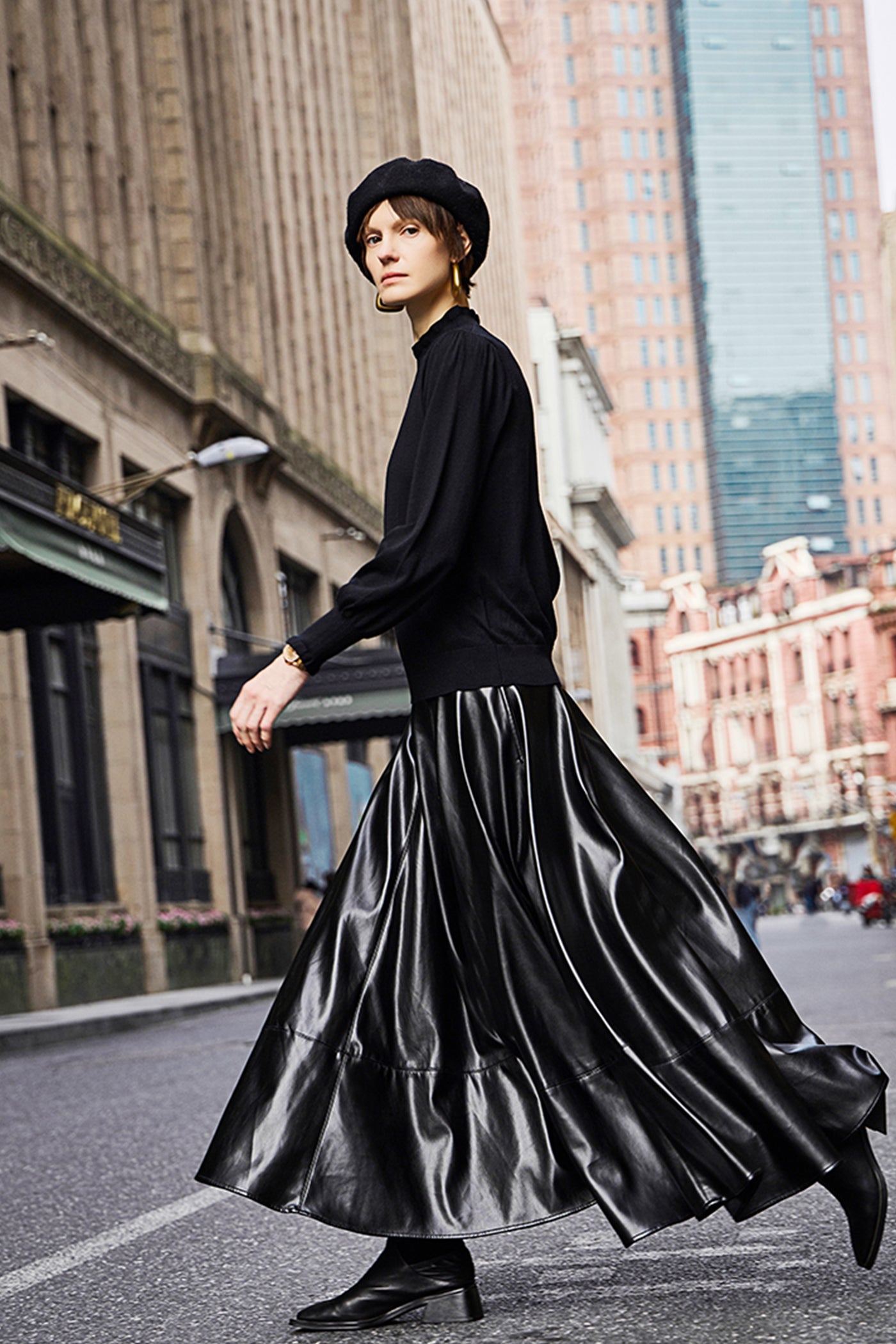 KAMILAN Women's High-Waist Midi Skirt – 2025 Winter New Faux Leather PU Skirt Elegant A-Line Bottom