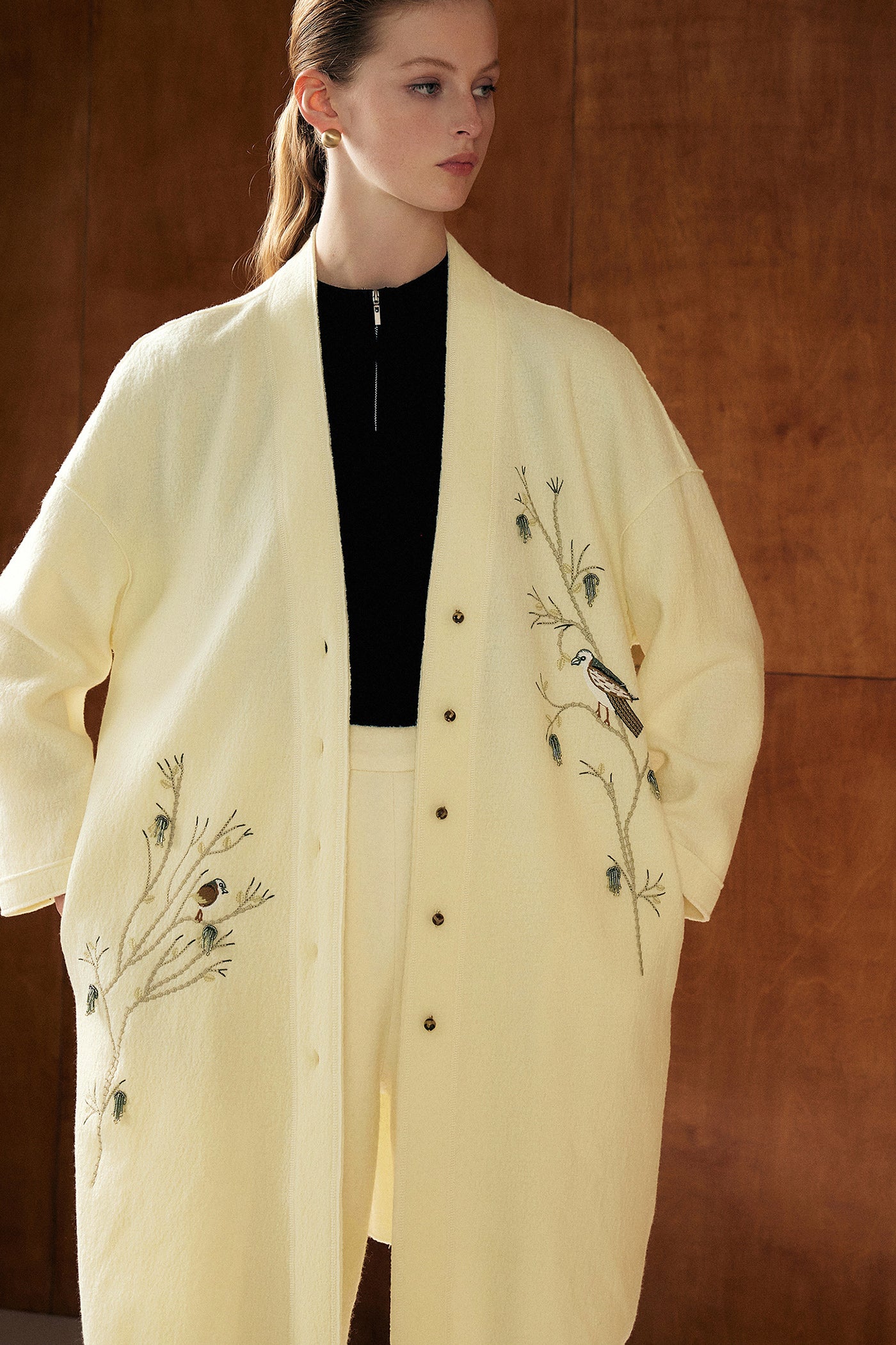 KAMILAN Women's Embroidered Wool Coat – 2025 Autumn New Elegant Mid-Length Overcoat