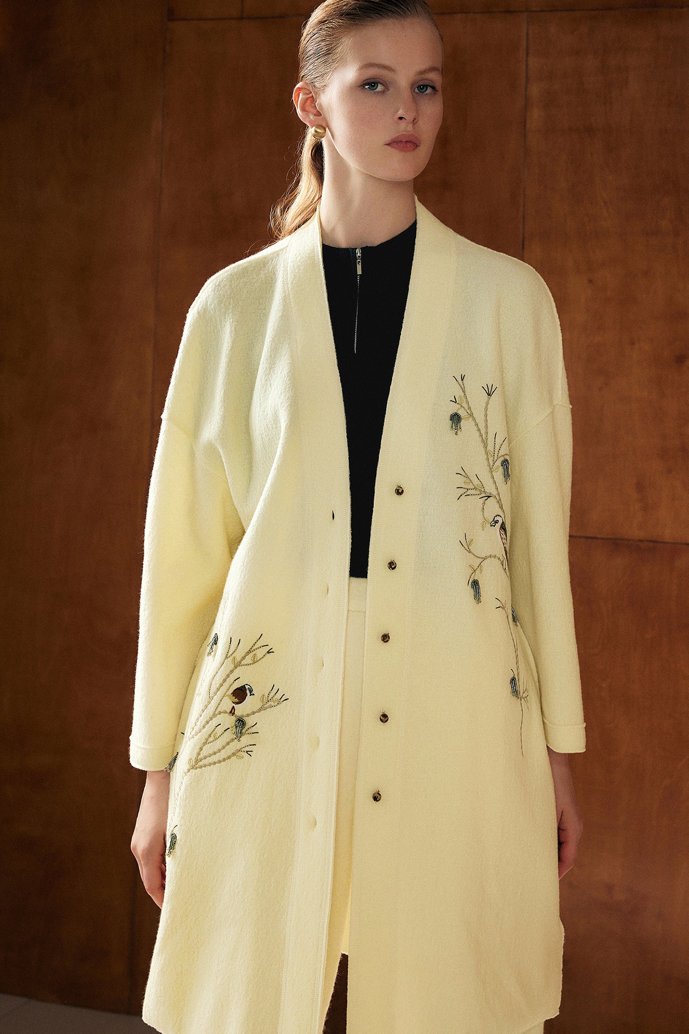 KAMILAN Women's Embroidered Wool Coat – 2025 Autumn New Elegant Mid-Length Overcoat