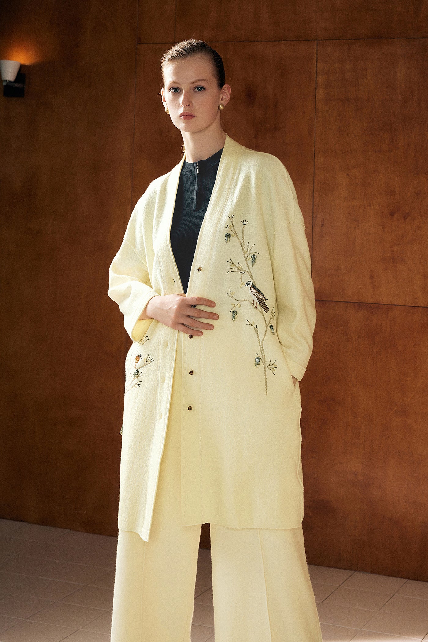 KAMILAN Women's Embroidered Wool Coat – 2025 Autumn New Elegant Mid-Length Overcoat