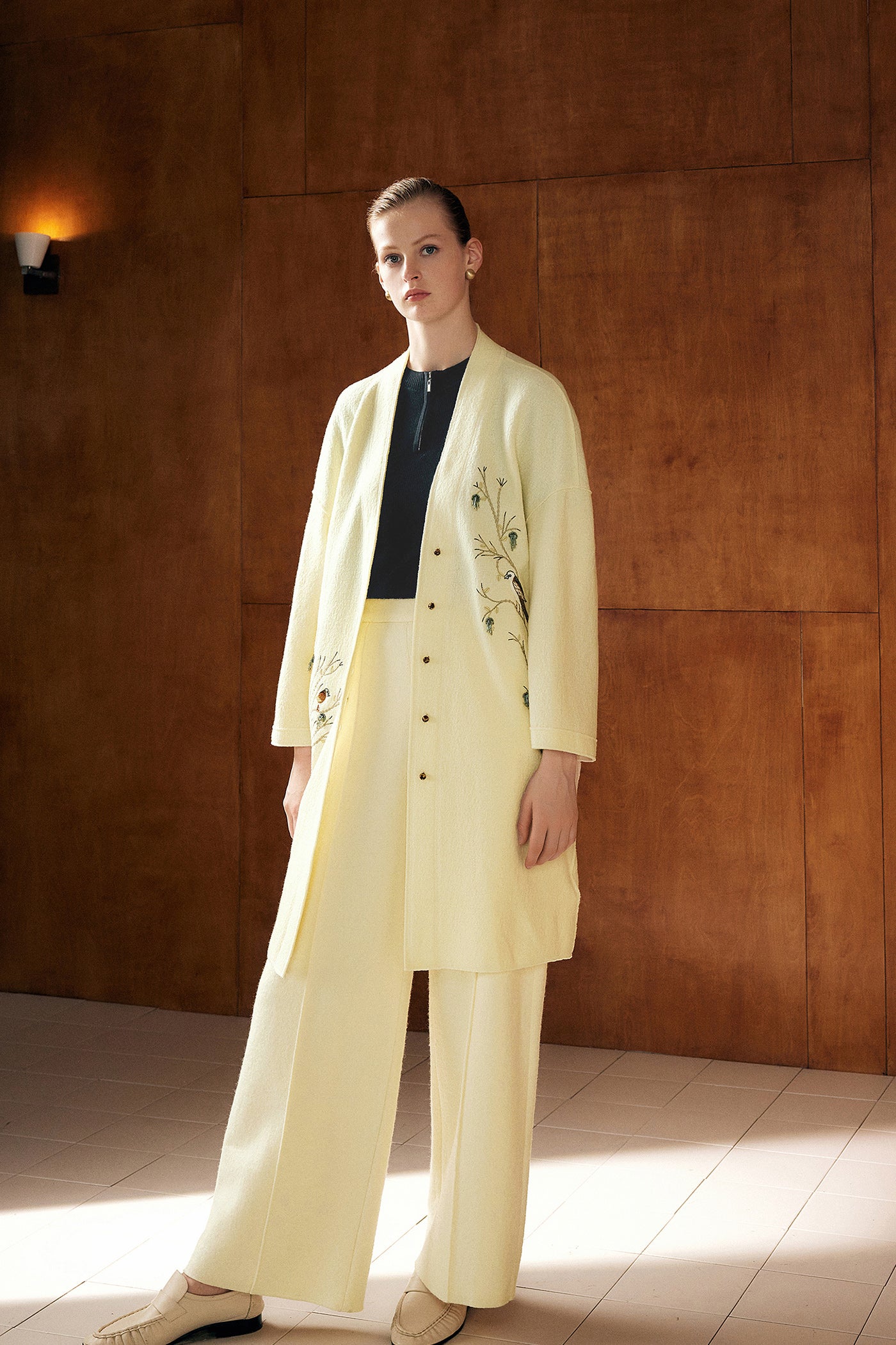 KAMILAN Women's Embroidered Wool Coat – 2025 Autumn New Elegant Mid-Length Overcoat