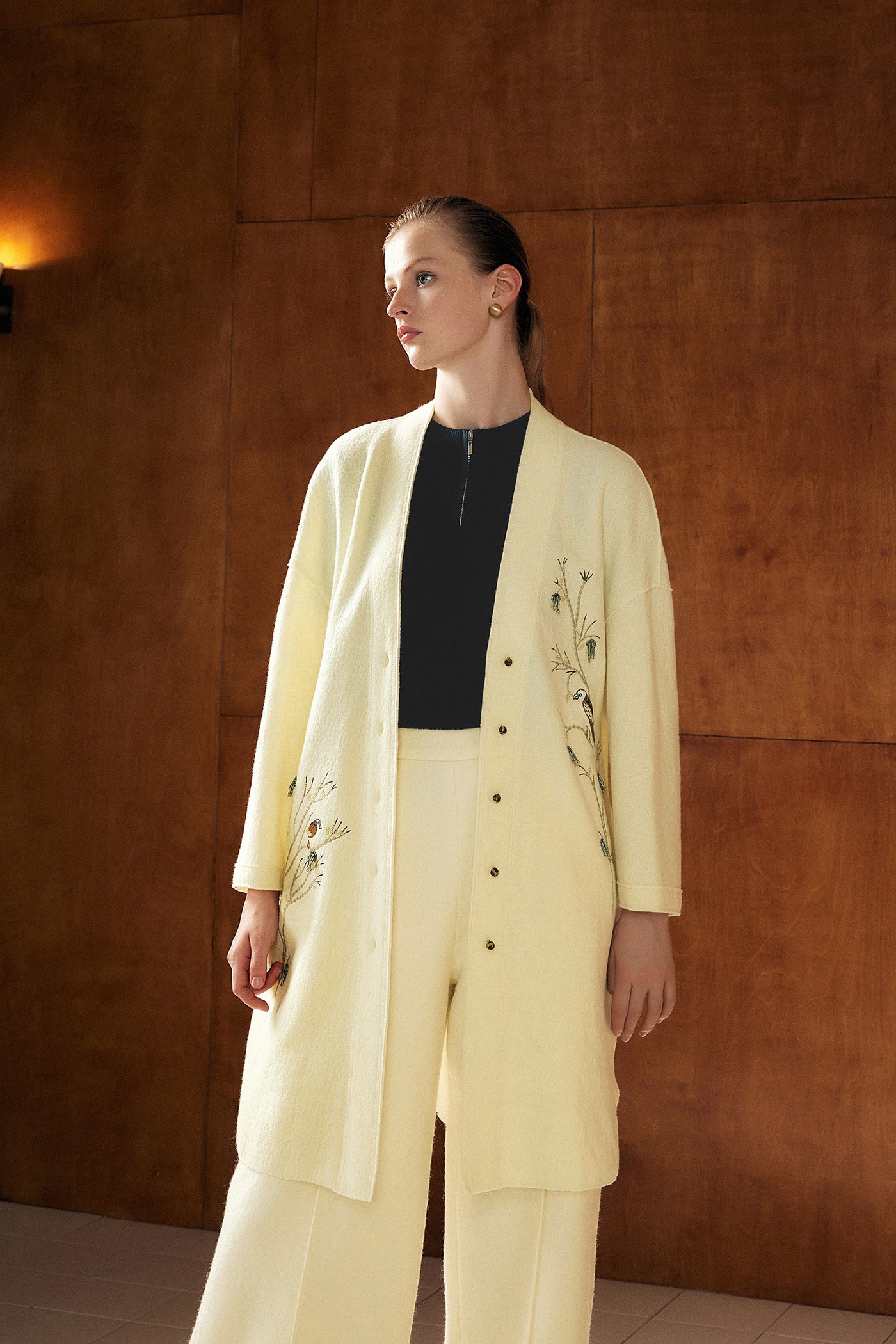 KAMILAN Women's Embroidered Wool Coat – 2025 Autumn New Elegant Mid-Length Overcoat