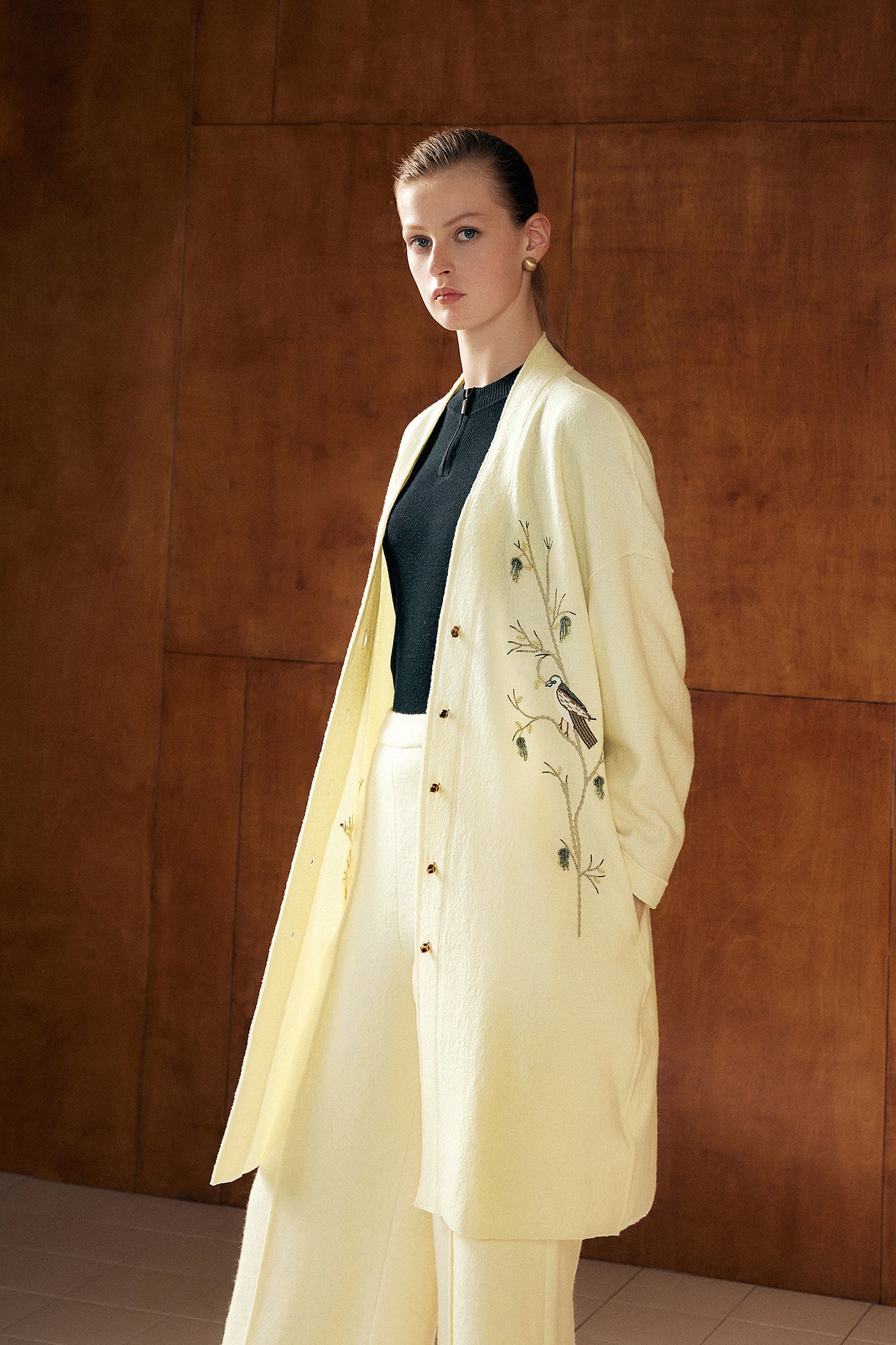 KAMILAN Women's Embroidered Wool Coat – 2025 Autumn New Elegant Mid-Length Overcoat
