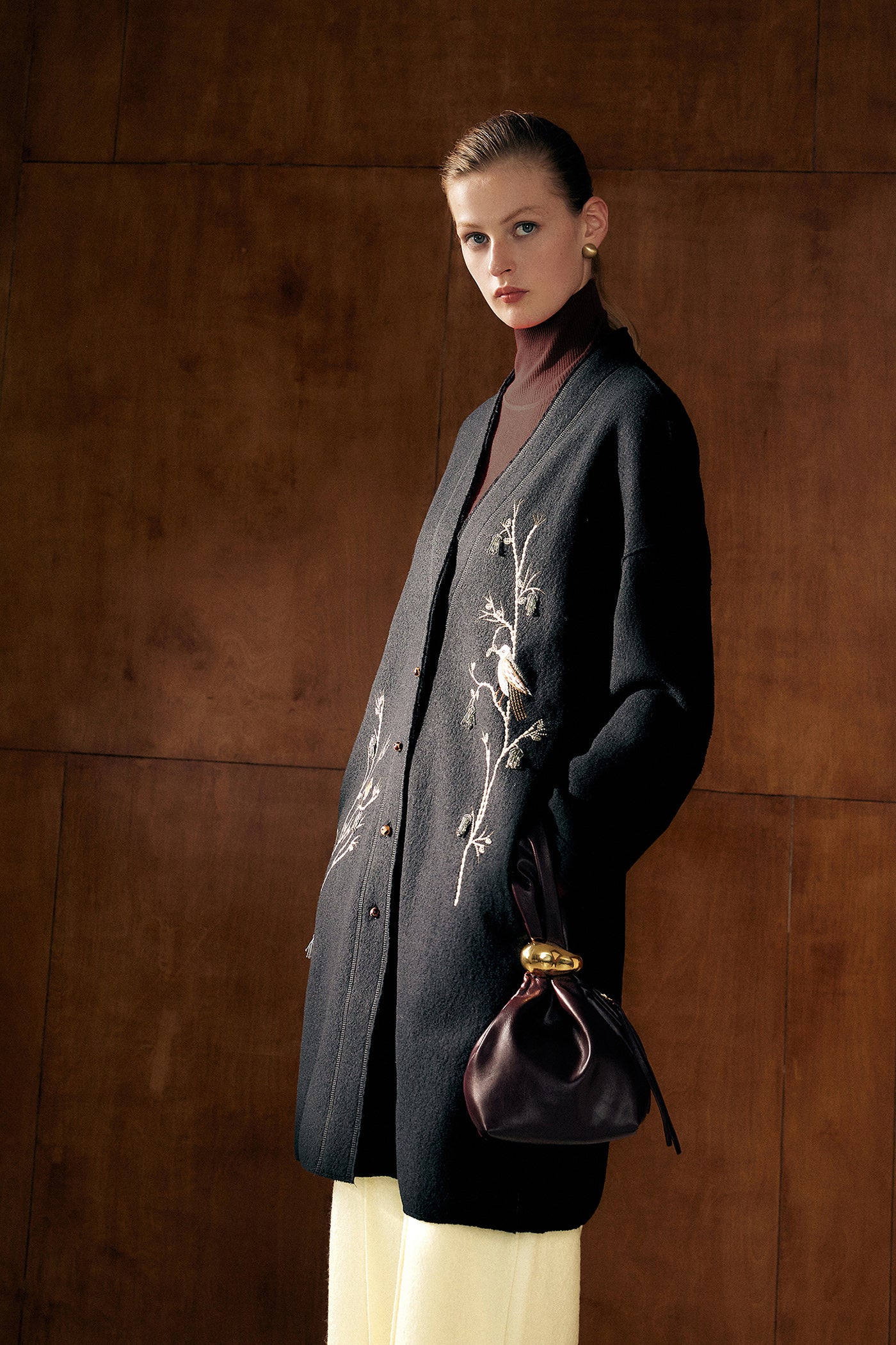 KAMILAN Women's Embroidered Wool Coat – 2025 Autumn New Elegant Mid-Length Overcoat