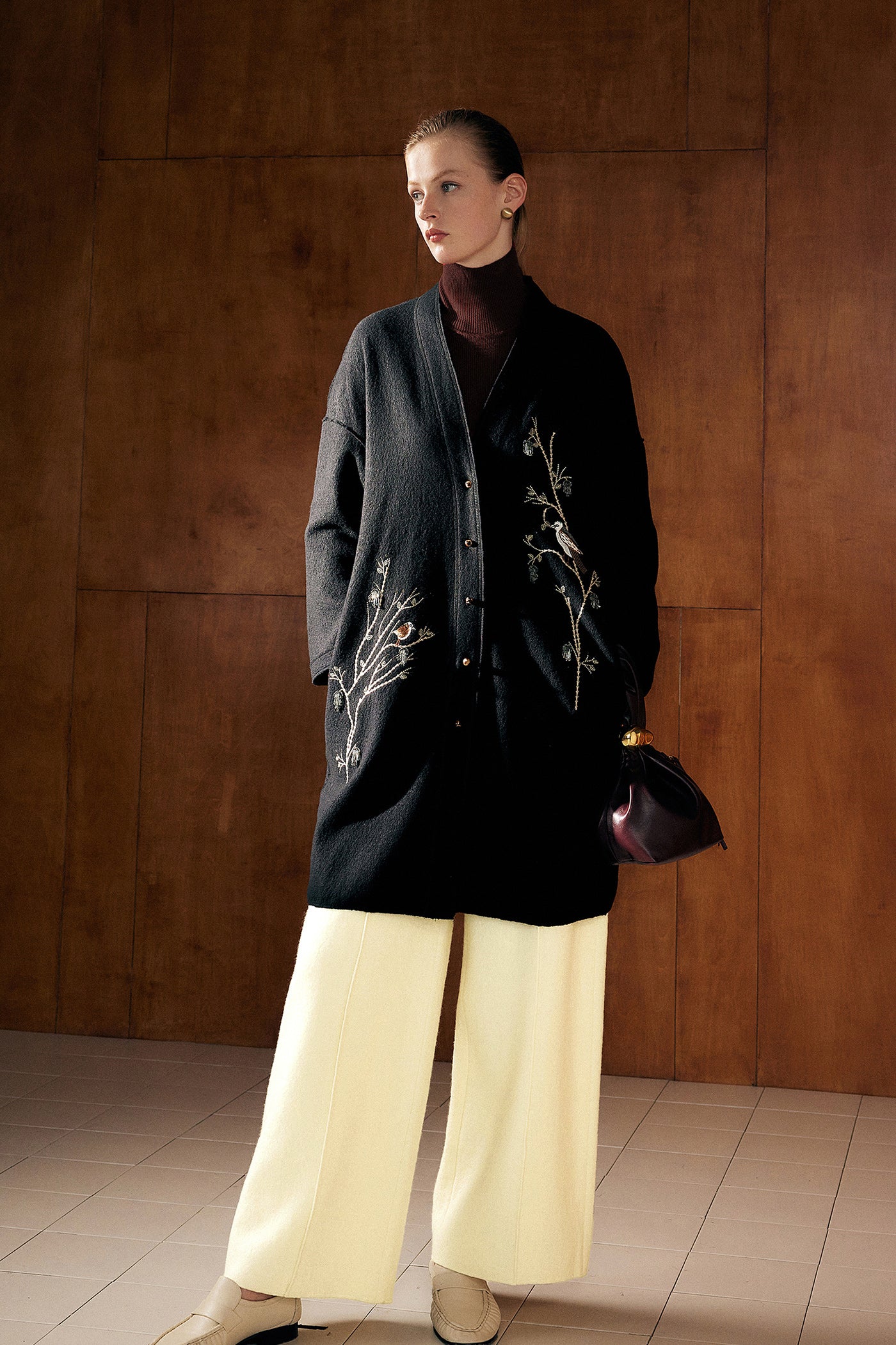 KAMILAN Women's Embroidered Wool Coat – 2025 Autumn New Elegant Mid-Length Overcoat