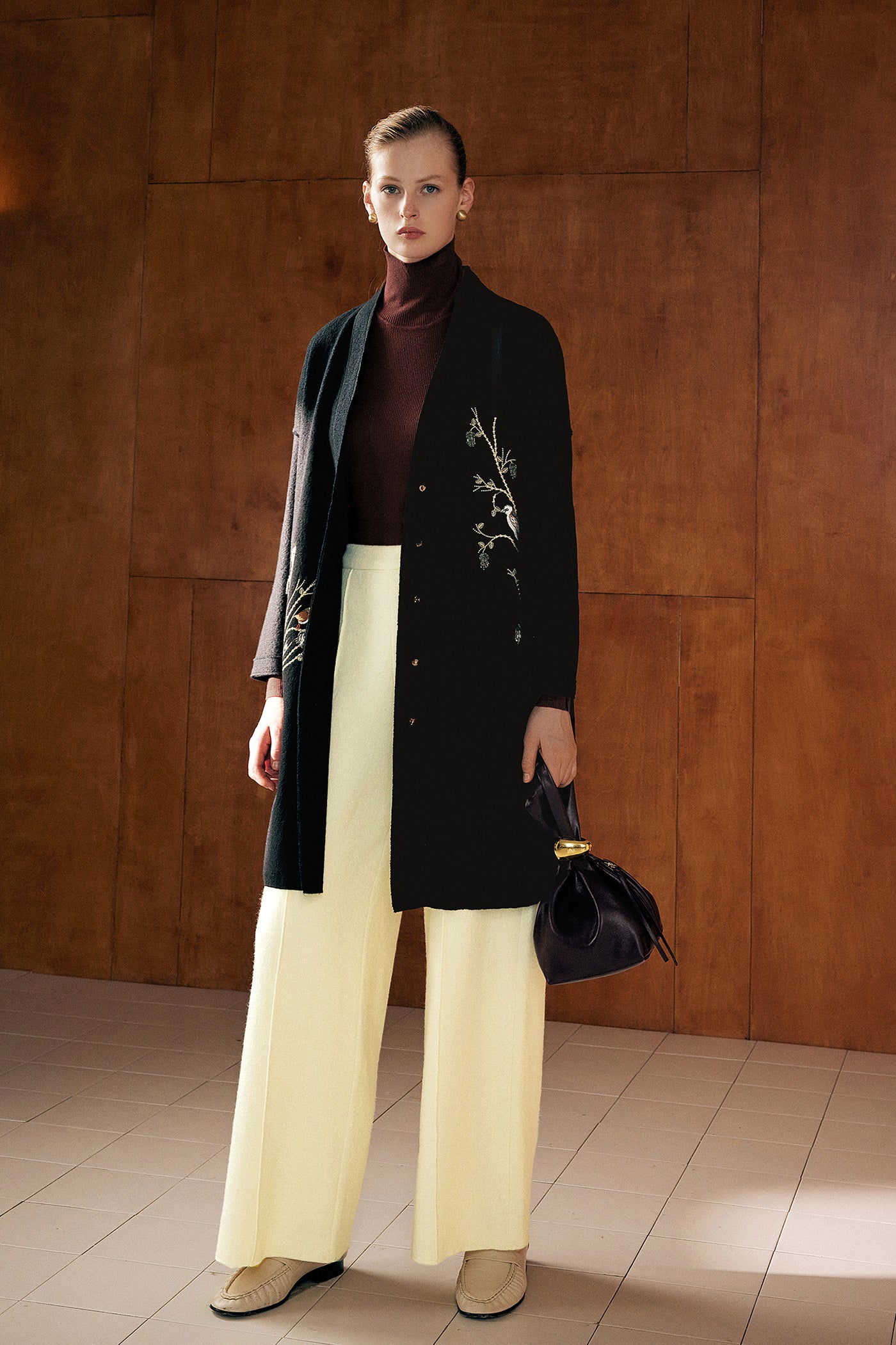 KAMILAN Women's Embroidered Wool Coat – 2025 Autumn New Elegant Mid-Length Overcoat