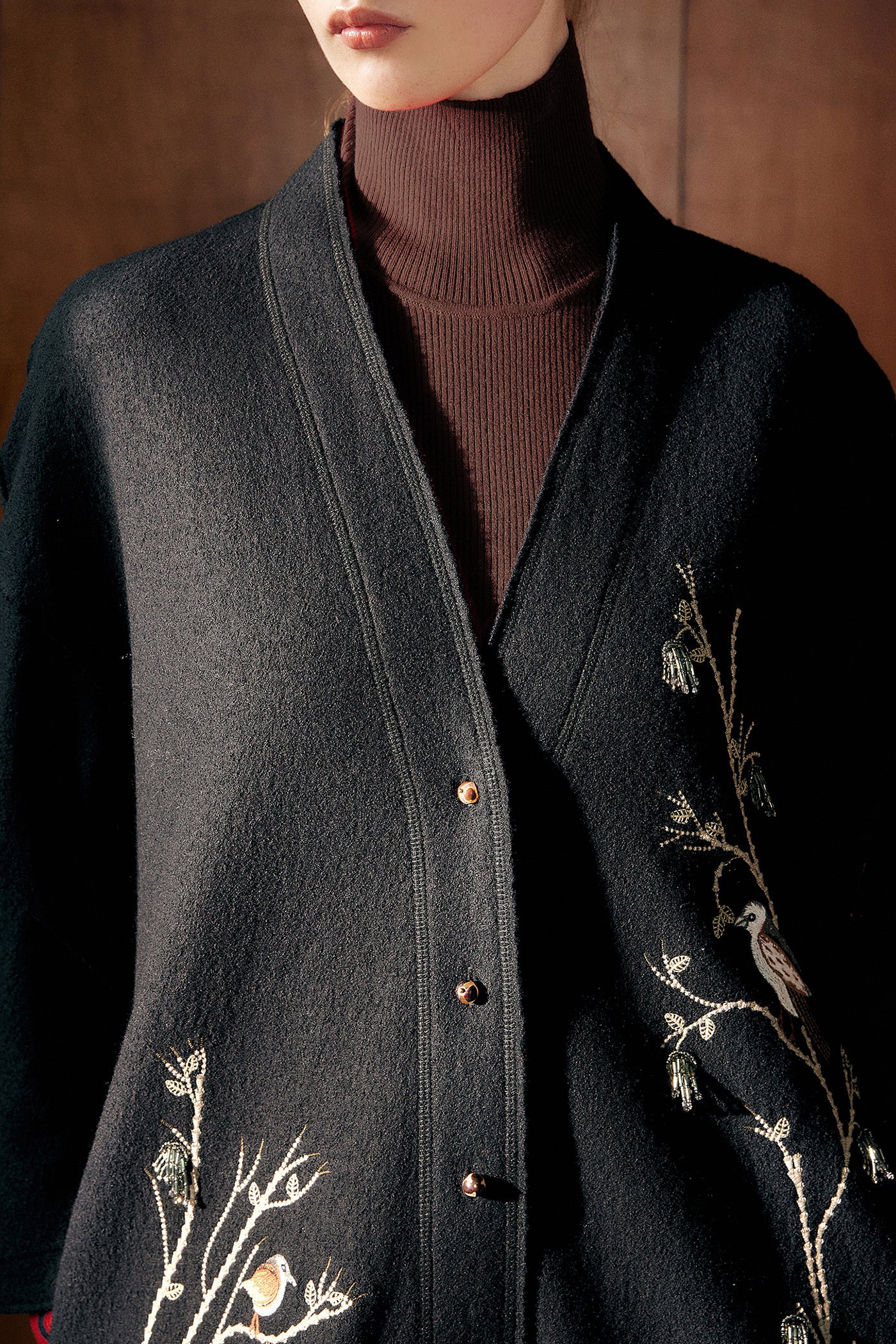 KAMILAN Women's Embroidered Wool Coat – 2025 Autumn New Elegant Mid-Length Overcoat