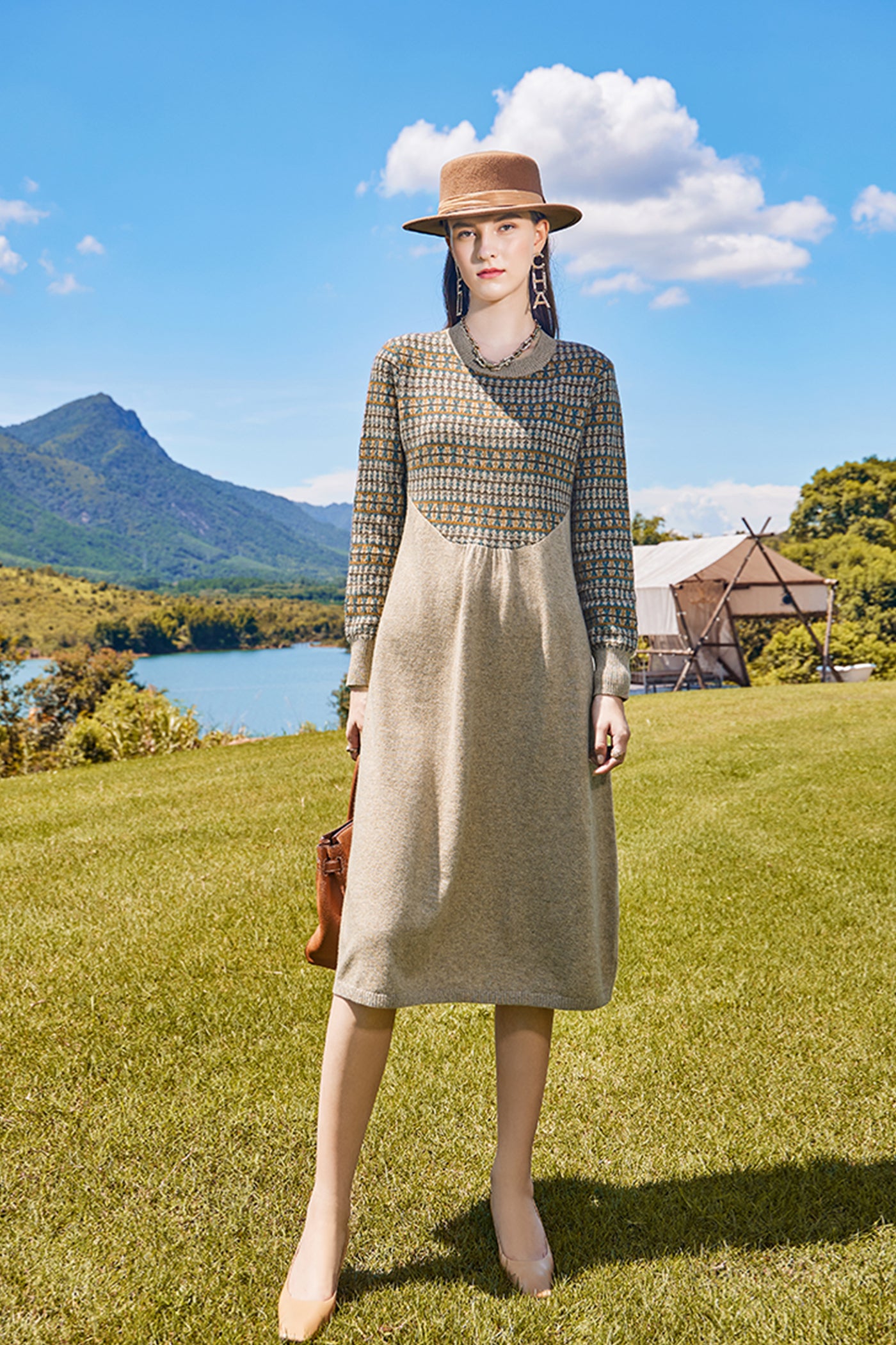 KAMILAN Women’s Wool Knit Midi Dress – 2025 Autumn/Winter New Printed Patchwork Sweater Dress