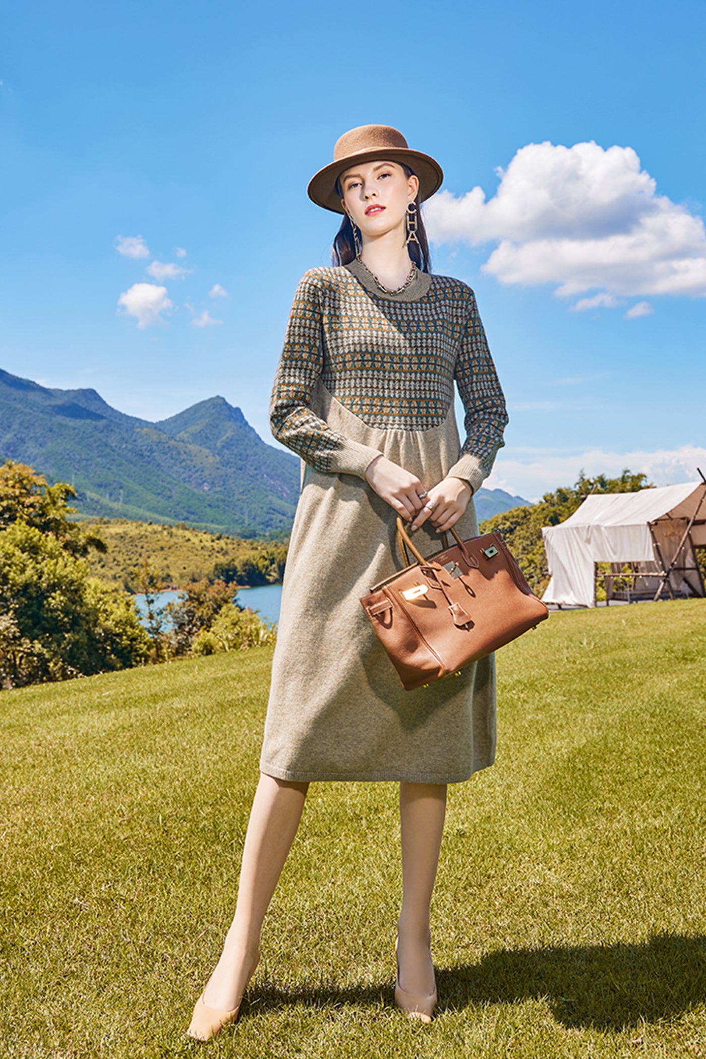 KAMILAN Women’s Wool Knit Midi Dress – 2025 Autumn/Winter New Printed Patchwork Sweater Dress