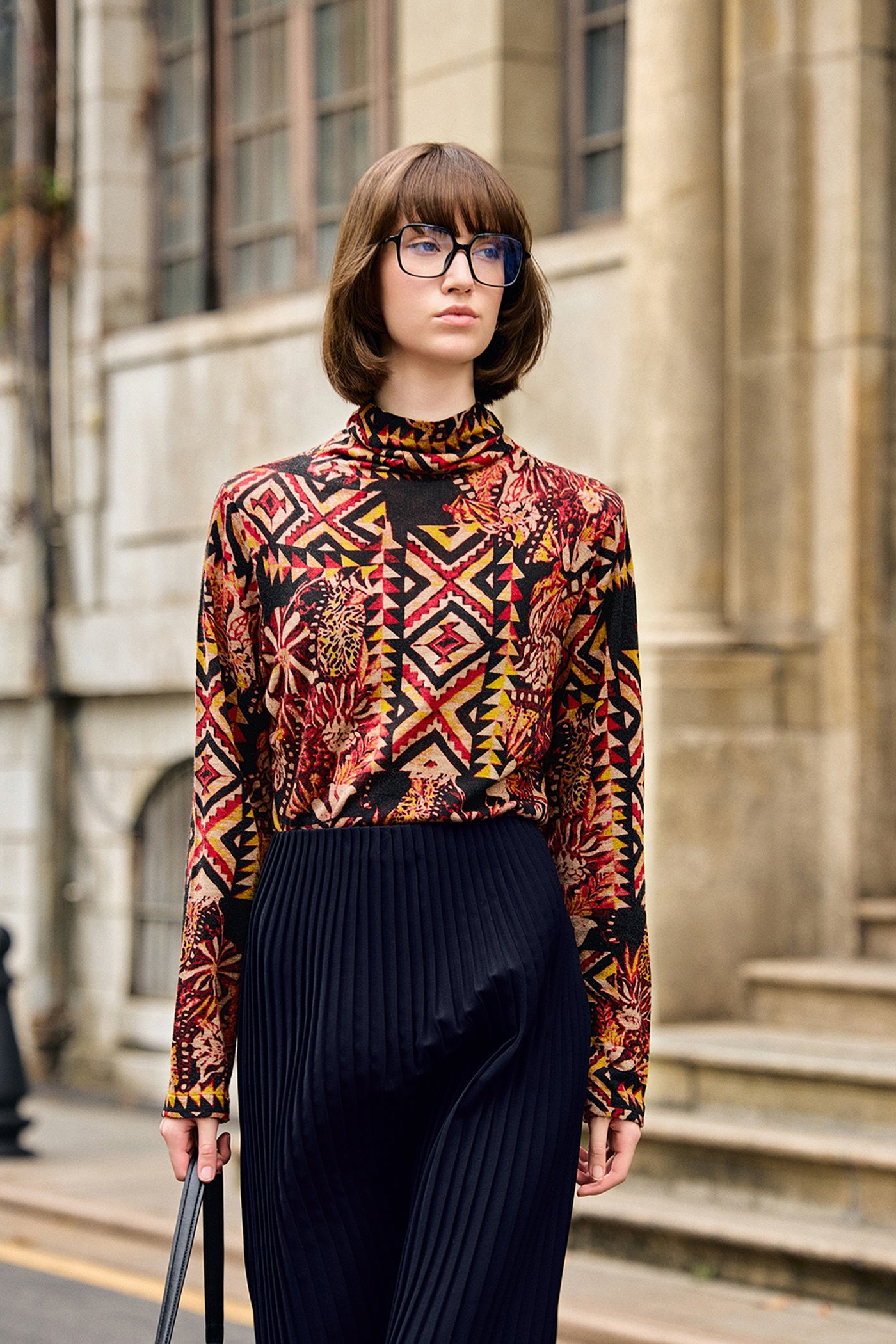 KAMILAN Women’s Vintage Wool Knit Sweater – 2025 Autumn New Long-Sleeve Printed Pullover