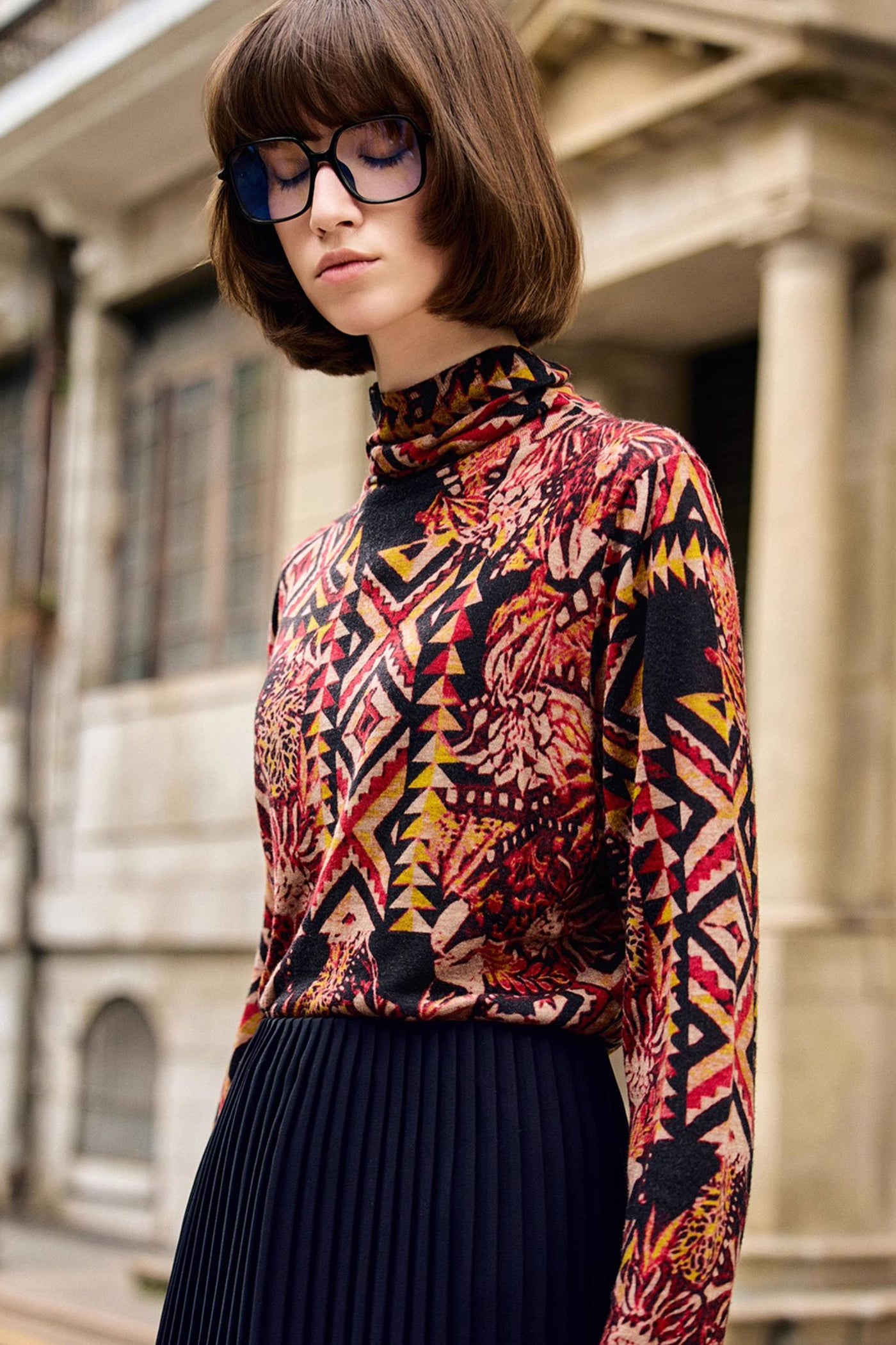 KAMILAN Women’s Vintage Wool Knit Sweater – 2025 Autumn New Long-Sleeve Printed Pullover