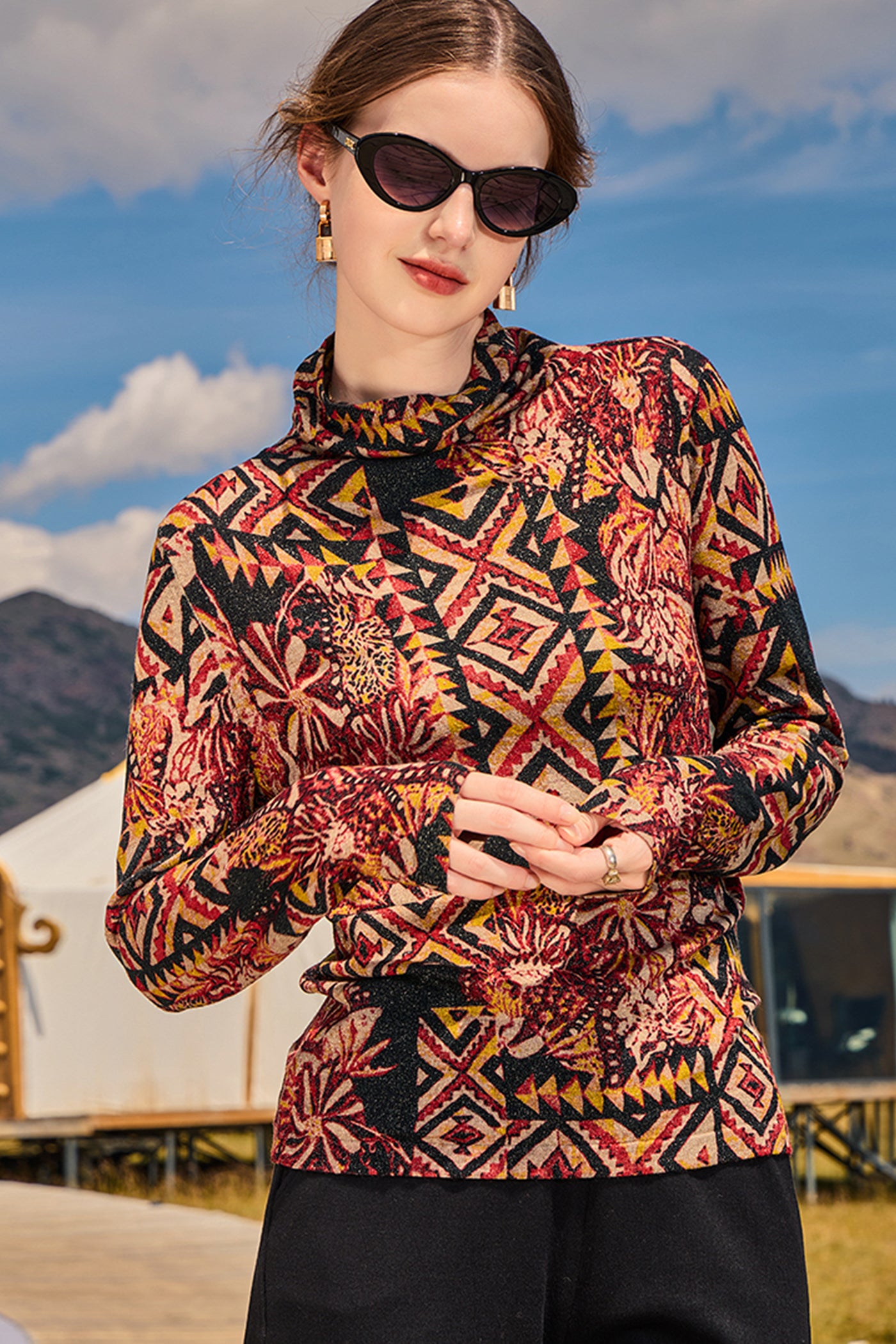 KAMILAN Women’s Vintage Wool Knit Sweater – 2025 Autumn New Long-Sleeve Printed Pullover