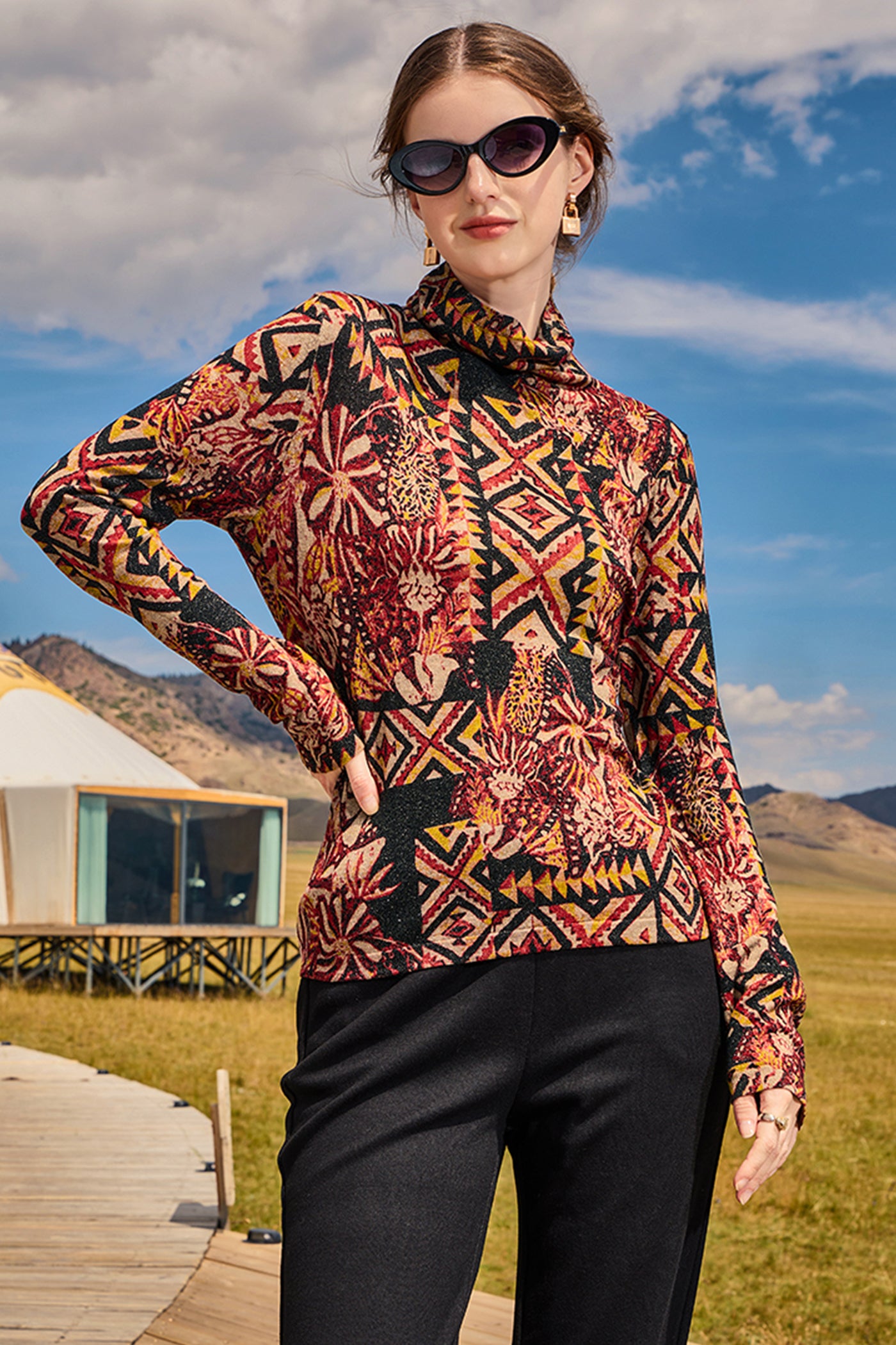 KAMILAN Women’s Vintage Wool Knit Sweater – 2025 Autumn New Long-Sleeve Printed Pullover