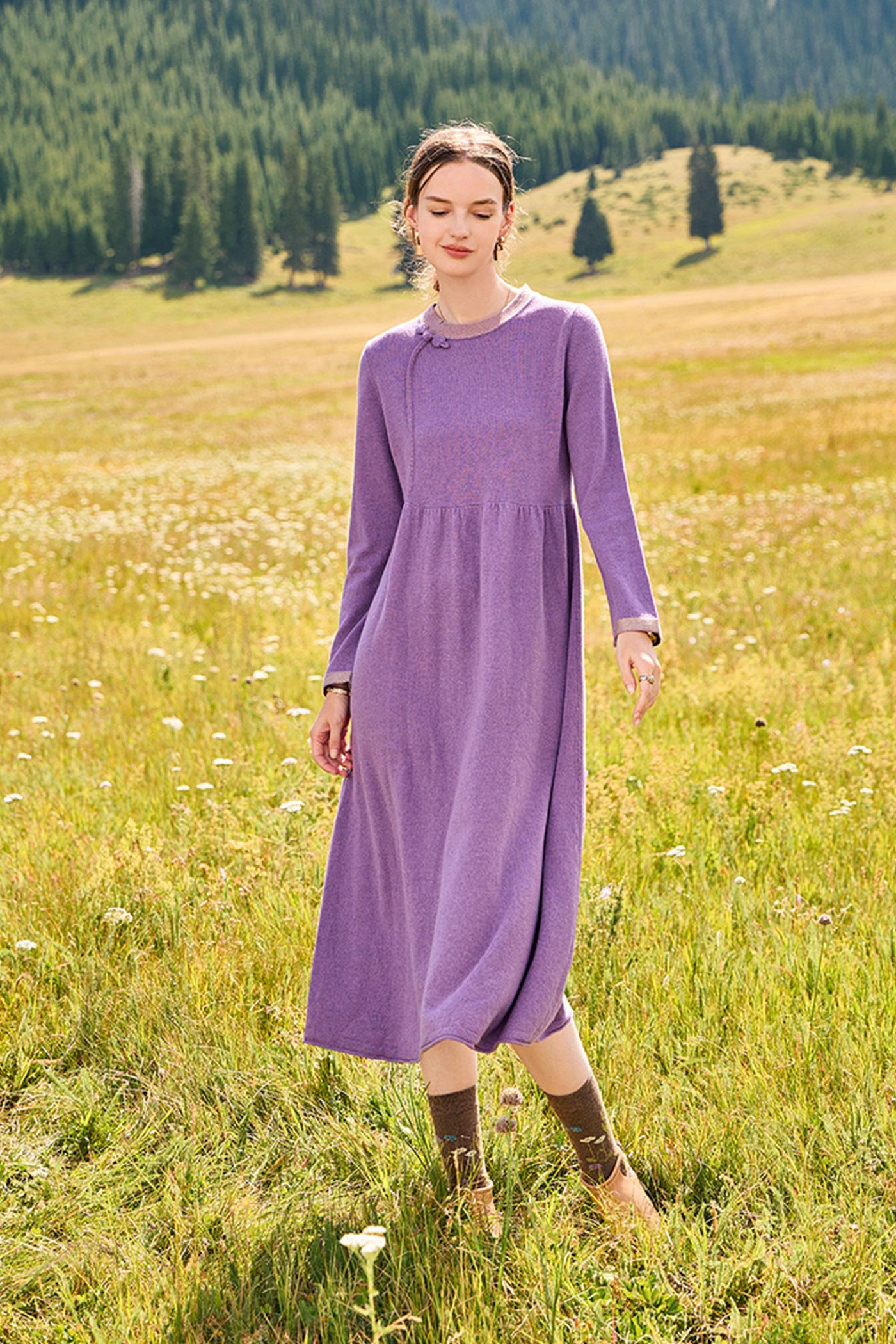 KAMILAN New Chinese Retro Wool Knitted Dress Women's New Mid-long High Waist A-line Dress in Fall/Winter 2025