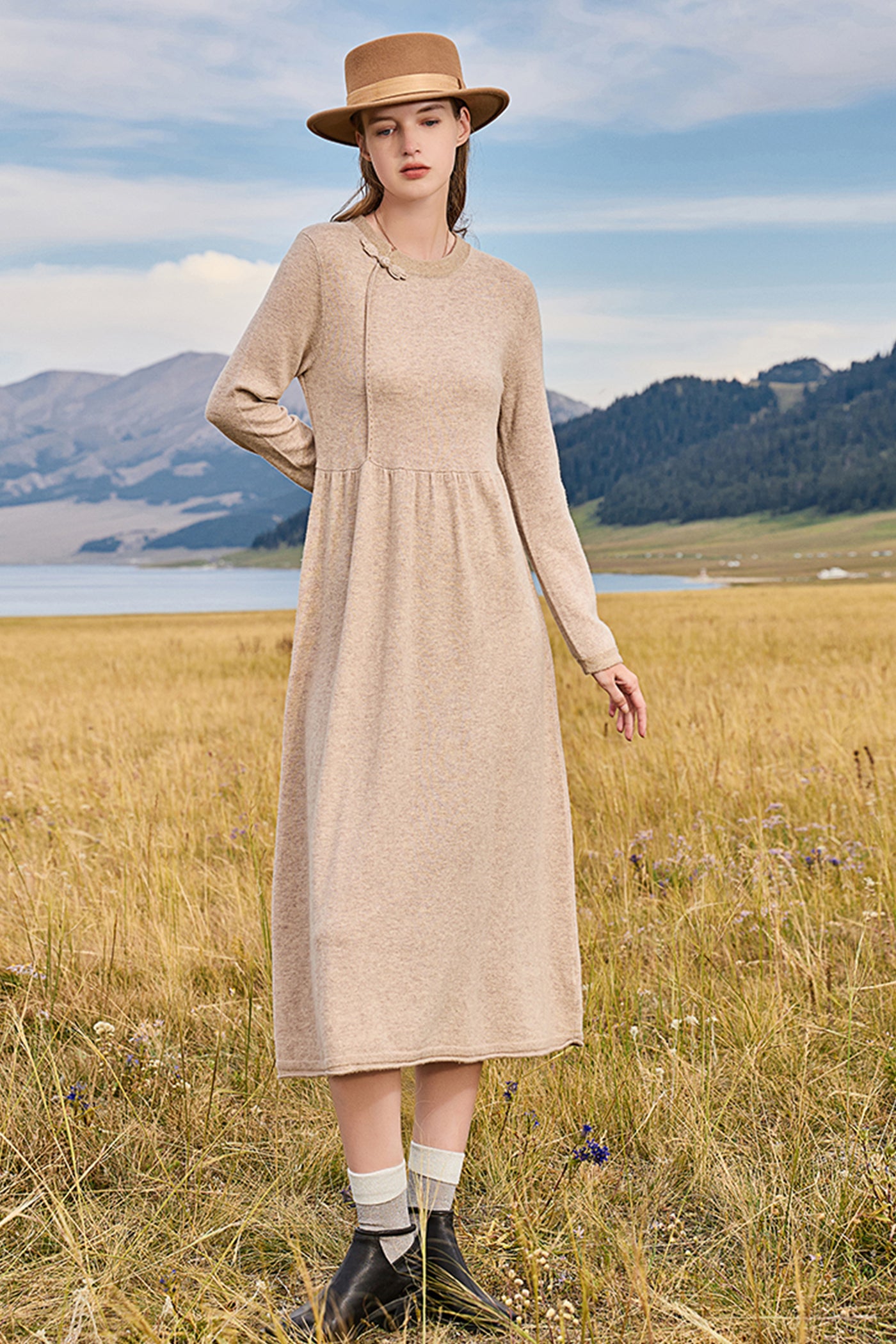KAMILAN New Chinese Retro Wool Knitted Dress Women's New Mid-long High Waist A-line Dress in Fall/Winter 2025