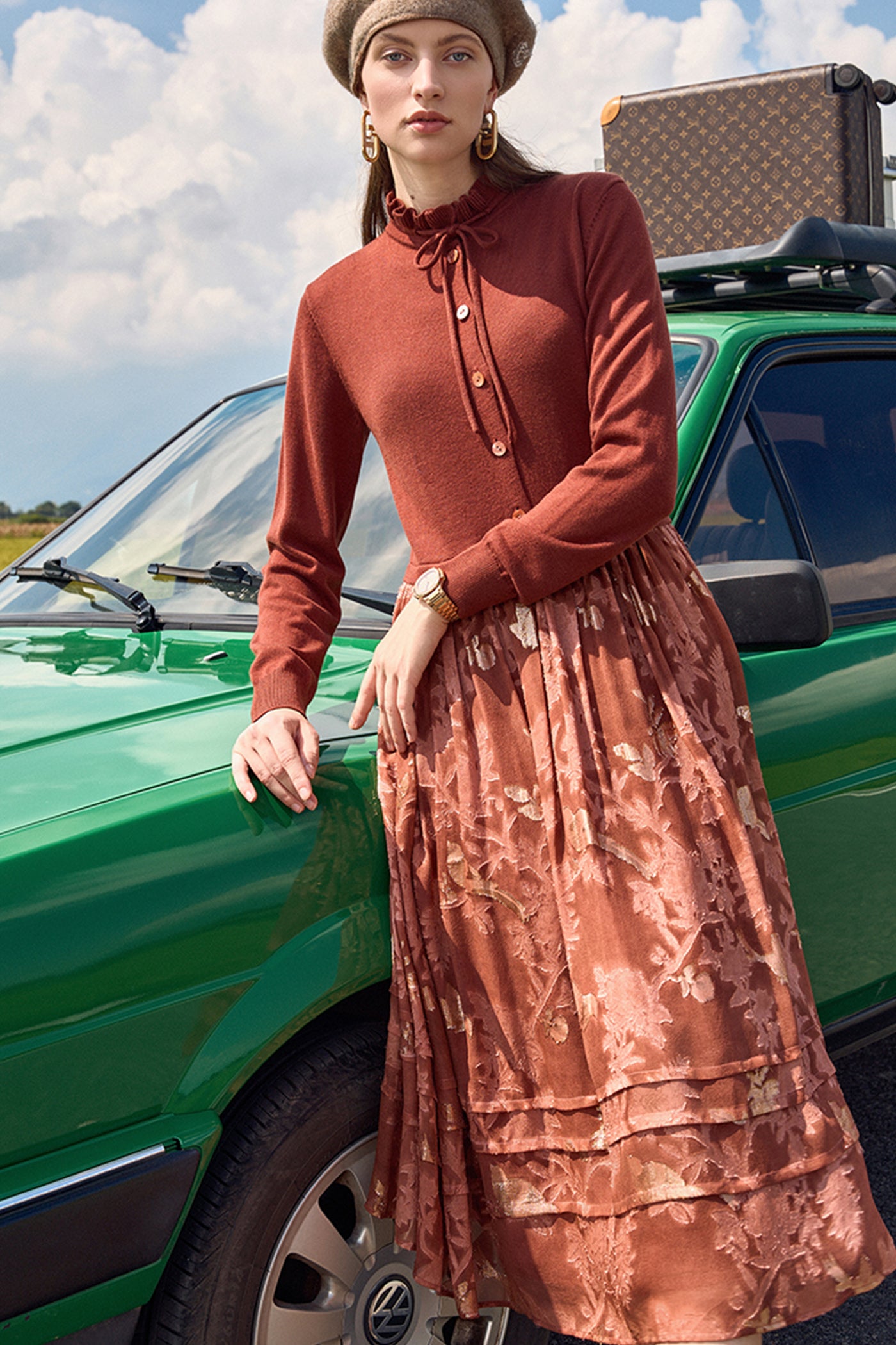 KAMILAN small stand-up collar silk jacquard stitching dress women's autumn 2025 new waist long A-line skirt