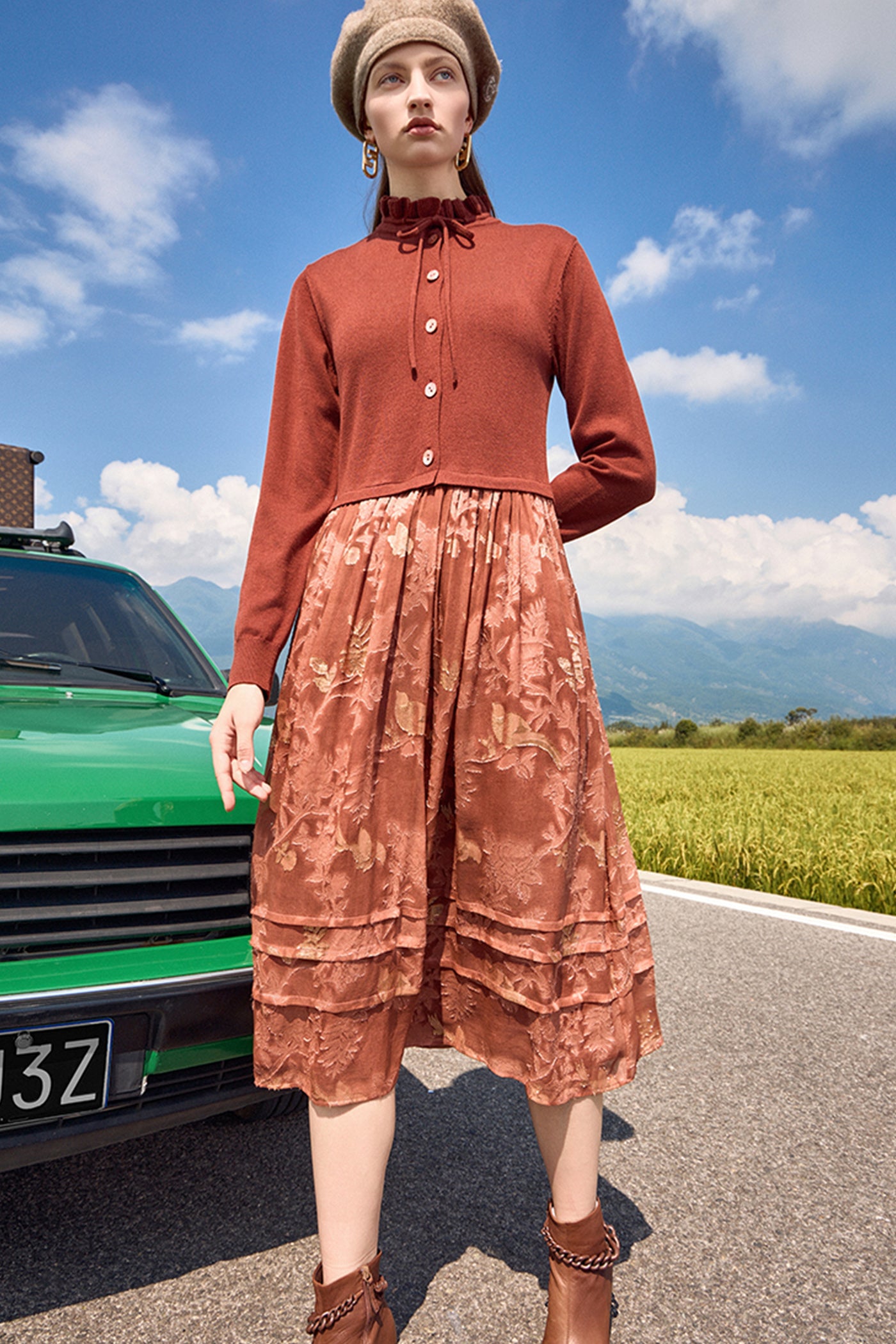 KAMILAN small stand-up collar silk jacquard stitching dress women's autumn 2025 new waist long A-line skirt