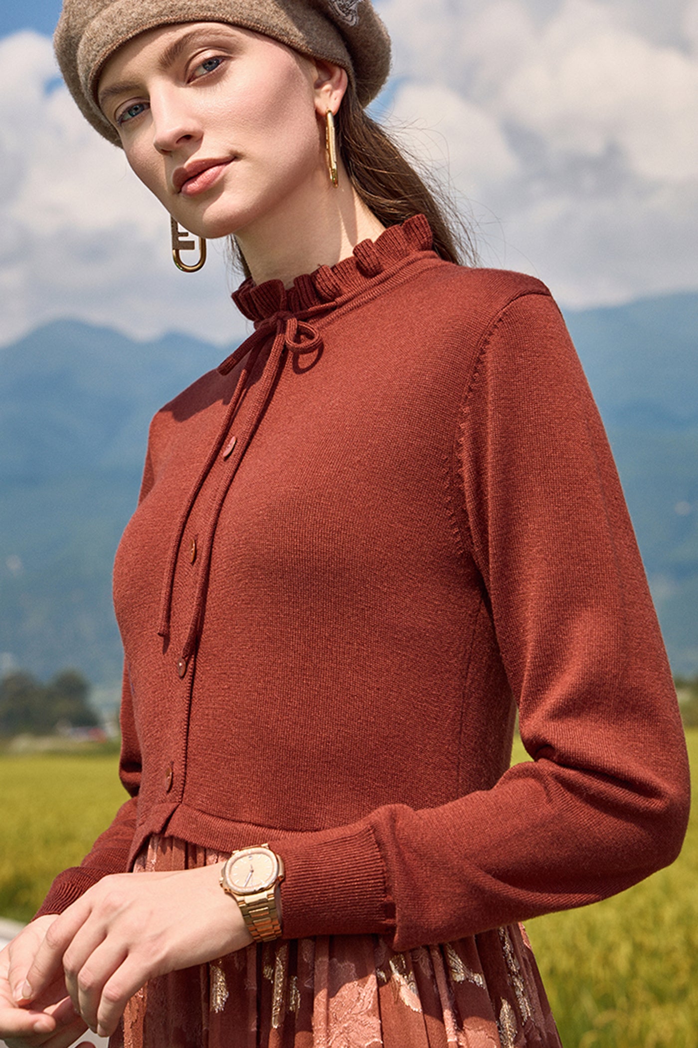 KAMILAN small stand-up collar silk jacquard stitching dress women's autumn 2025 new waist long A-line skirt
