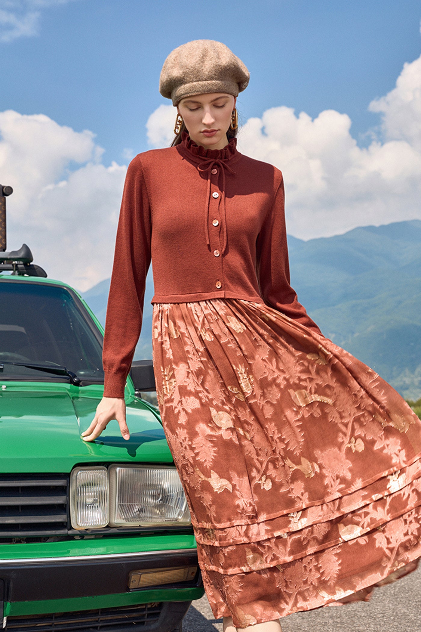 KAMILAN small stand-up collar silk jacquard stitching dress women's autumn 2025 new waist long A-line skirt