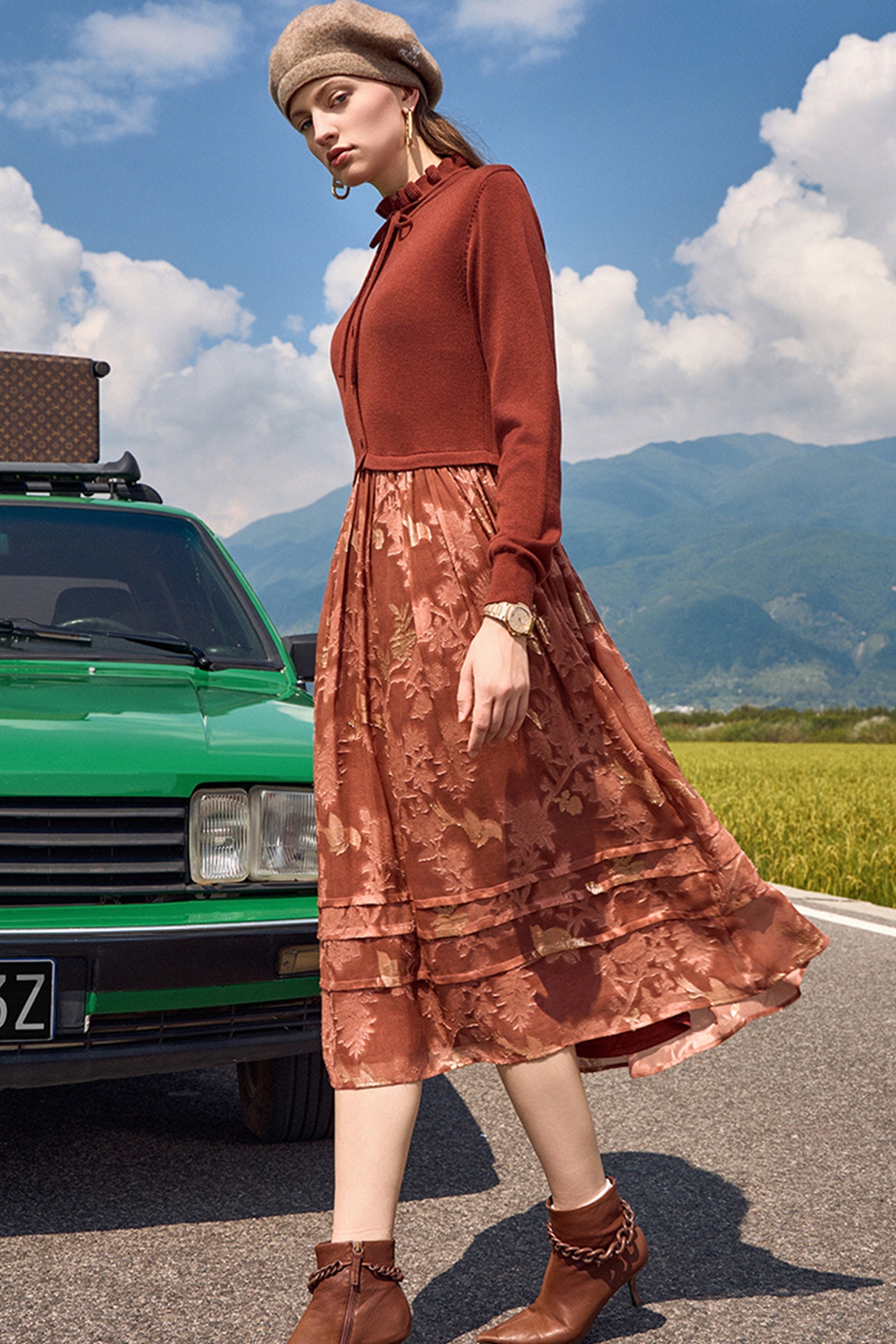 KAMILAN small stand-up collar silk jacquard stitching dress women's autumn 2025 new waist long A-line skirt