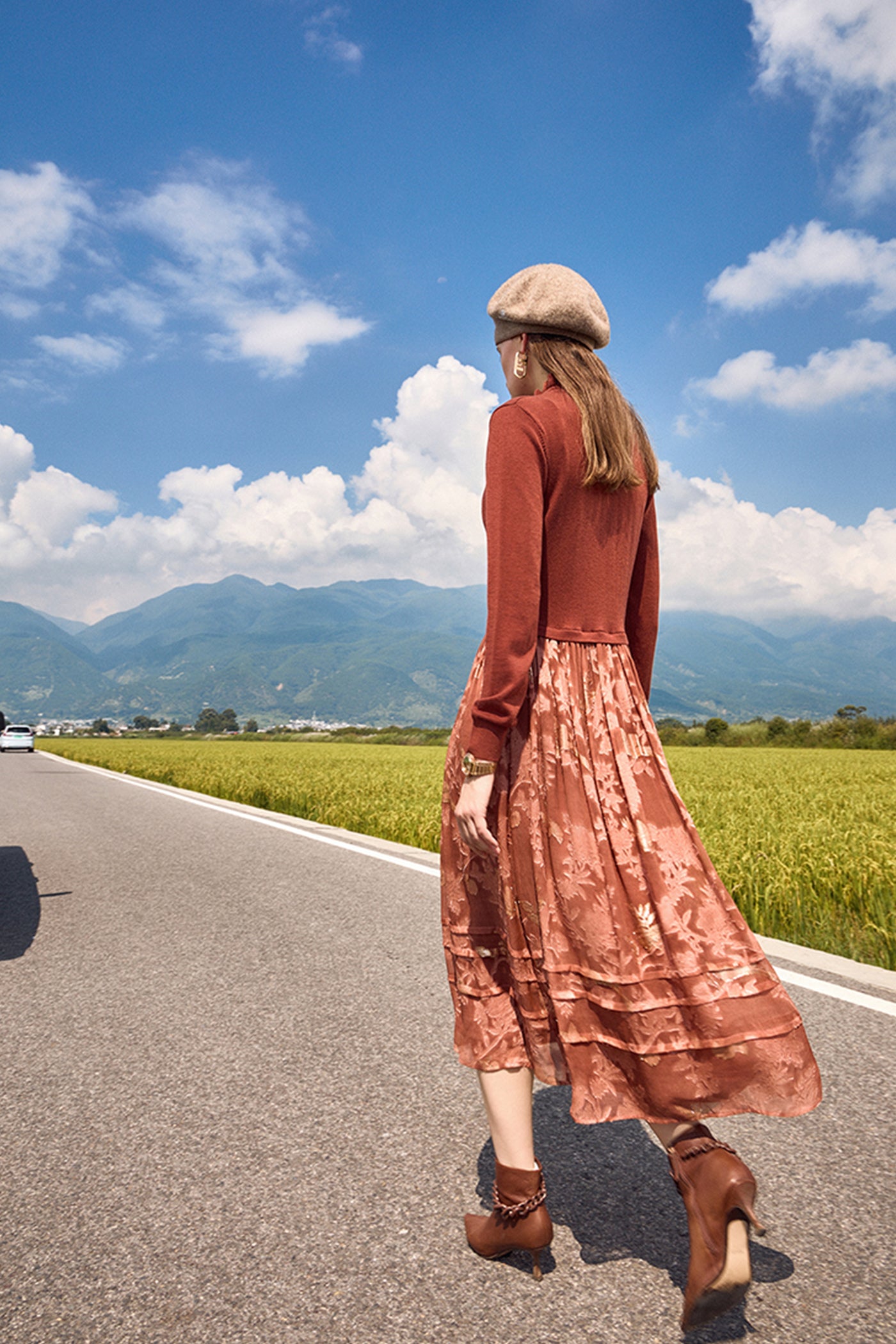 KAMILAN small stand-up collar silk jacquard stitching dress women's autumn 2025 new waist long A-line skirt