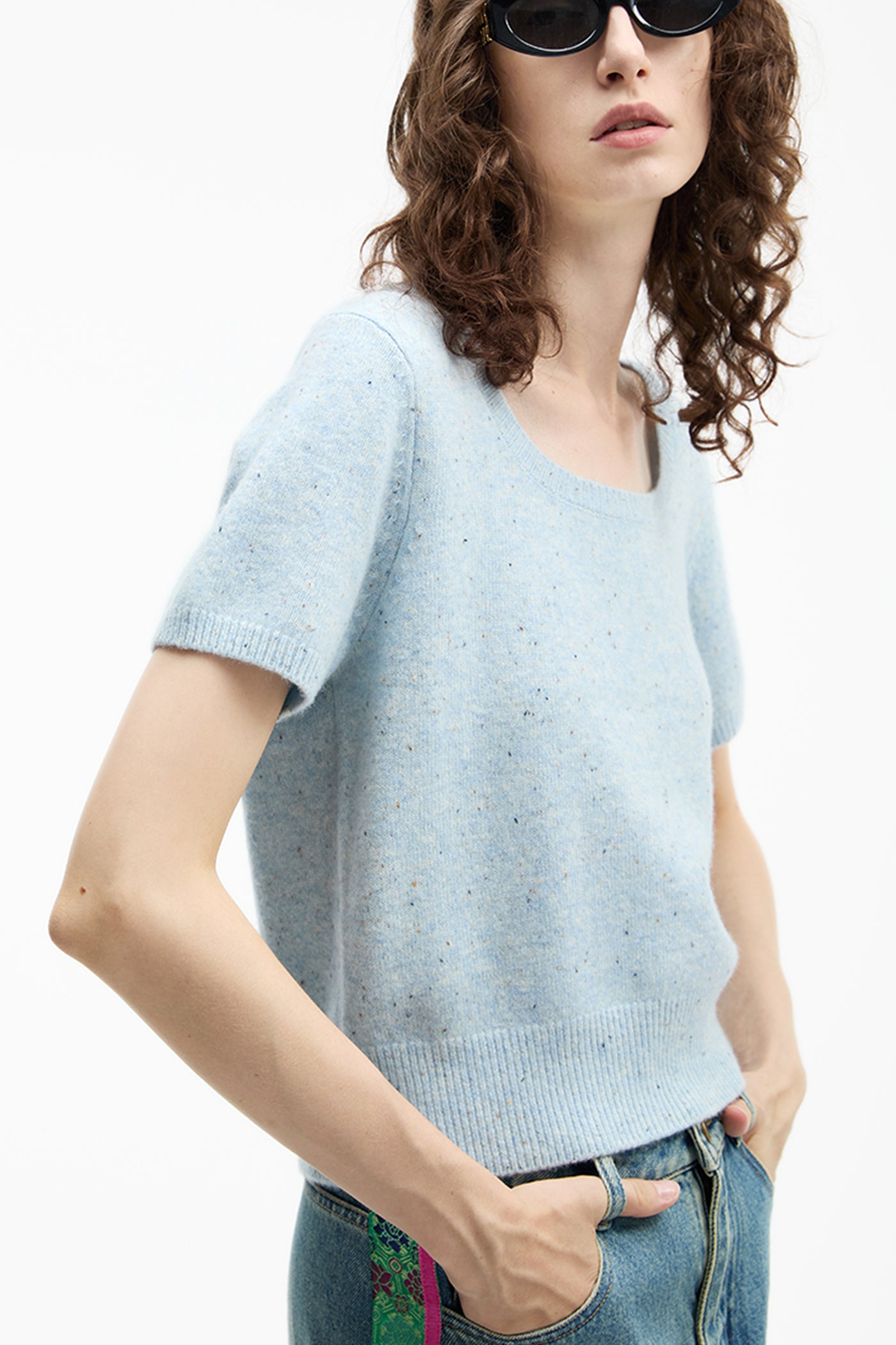 KAMILAN simple style sweater women's autumn new short-sleeved sweater top