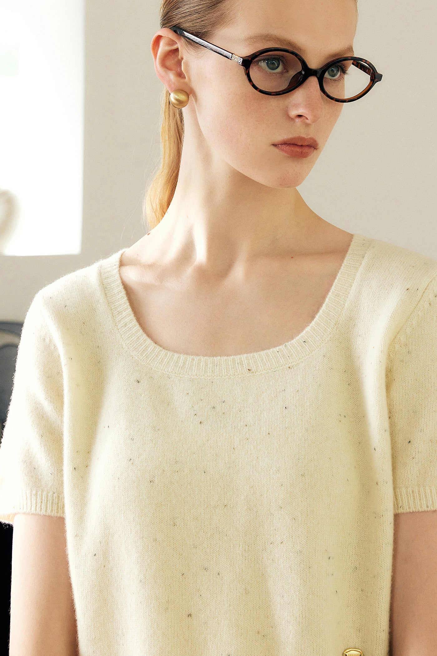 KAMILAN simple style sweater women's autumn new short-sleeved sweater top