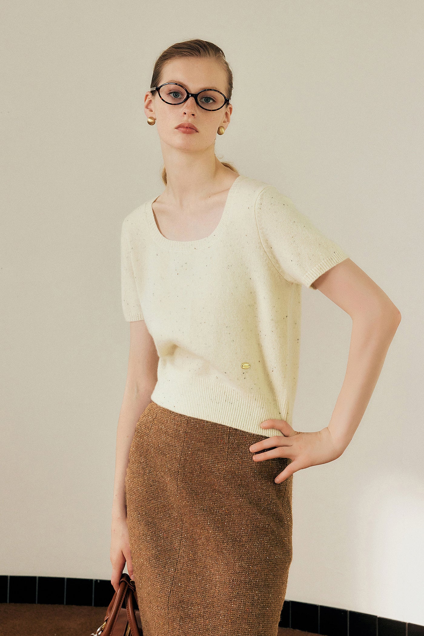 KAMILAN simple style sweater women's autumn new short-sleeved sweater top
