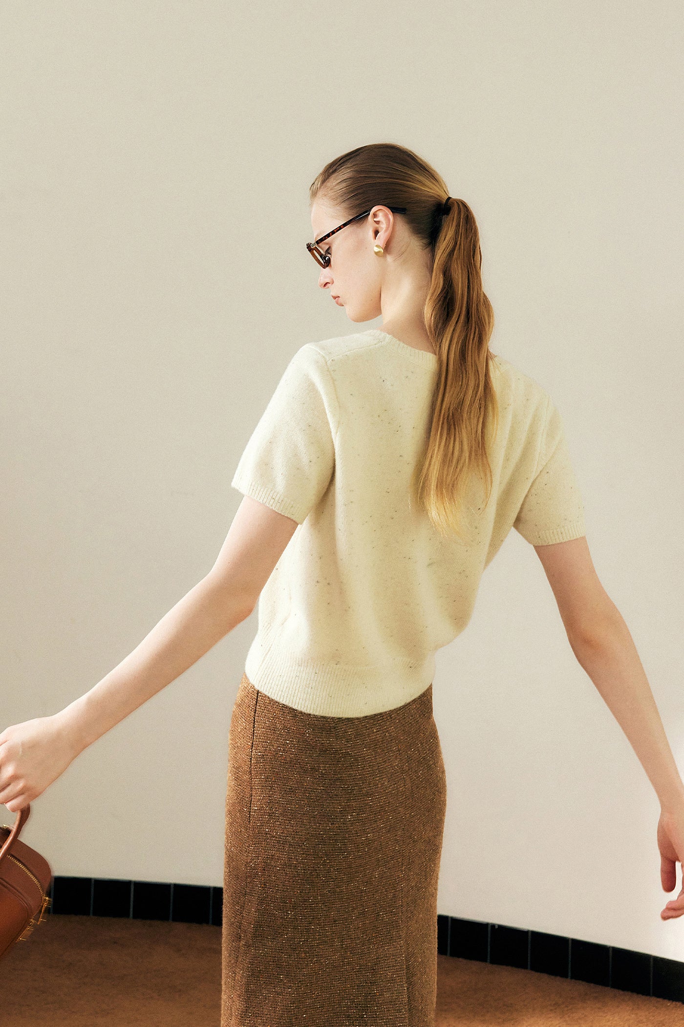 KAMILAN simple style sweater women's autumn new short-sleeved sweater top