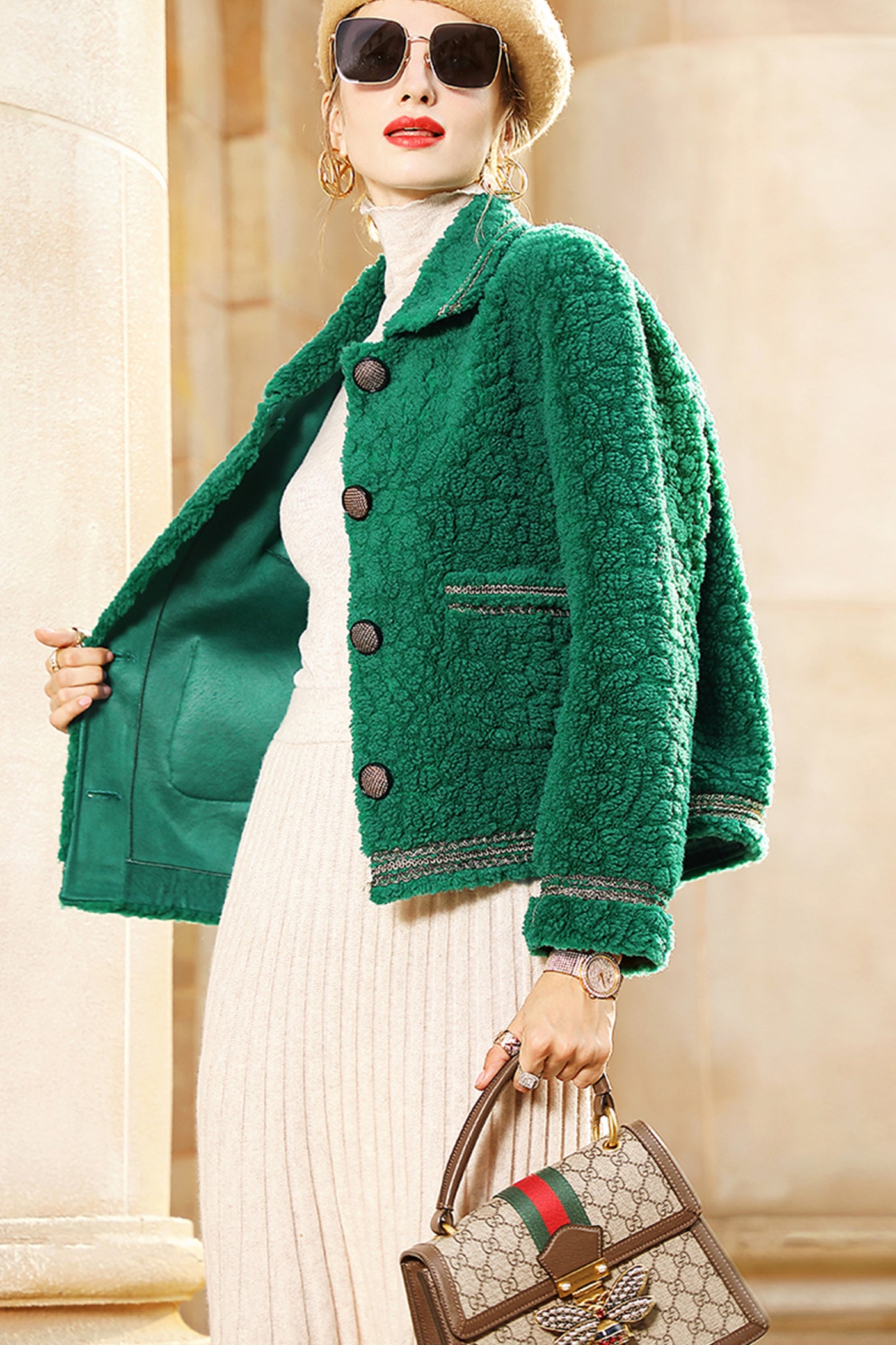 KAMILAN  Faux Fur Coat women's autumn and winter new lapel fashion warm coat.