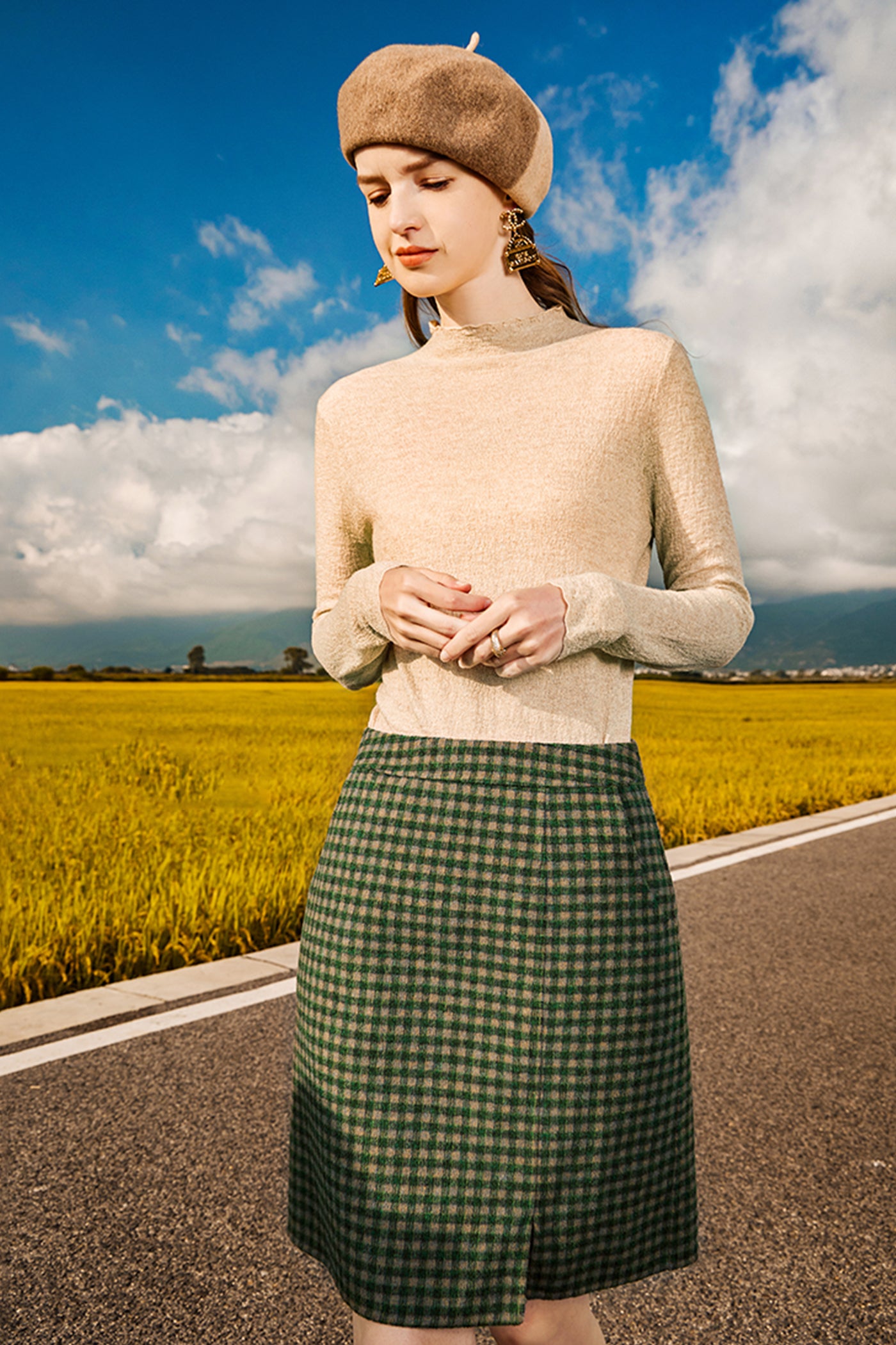 KAMILAN wool skirt women's autumn and winter new checkerboard double-sided skirt A-line skirt short skirt