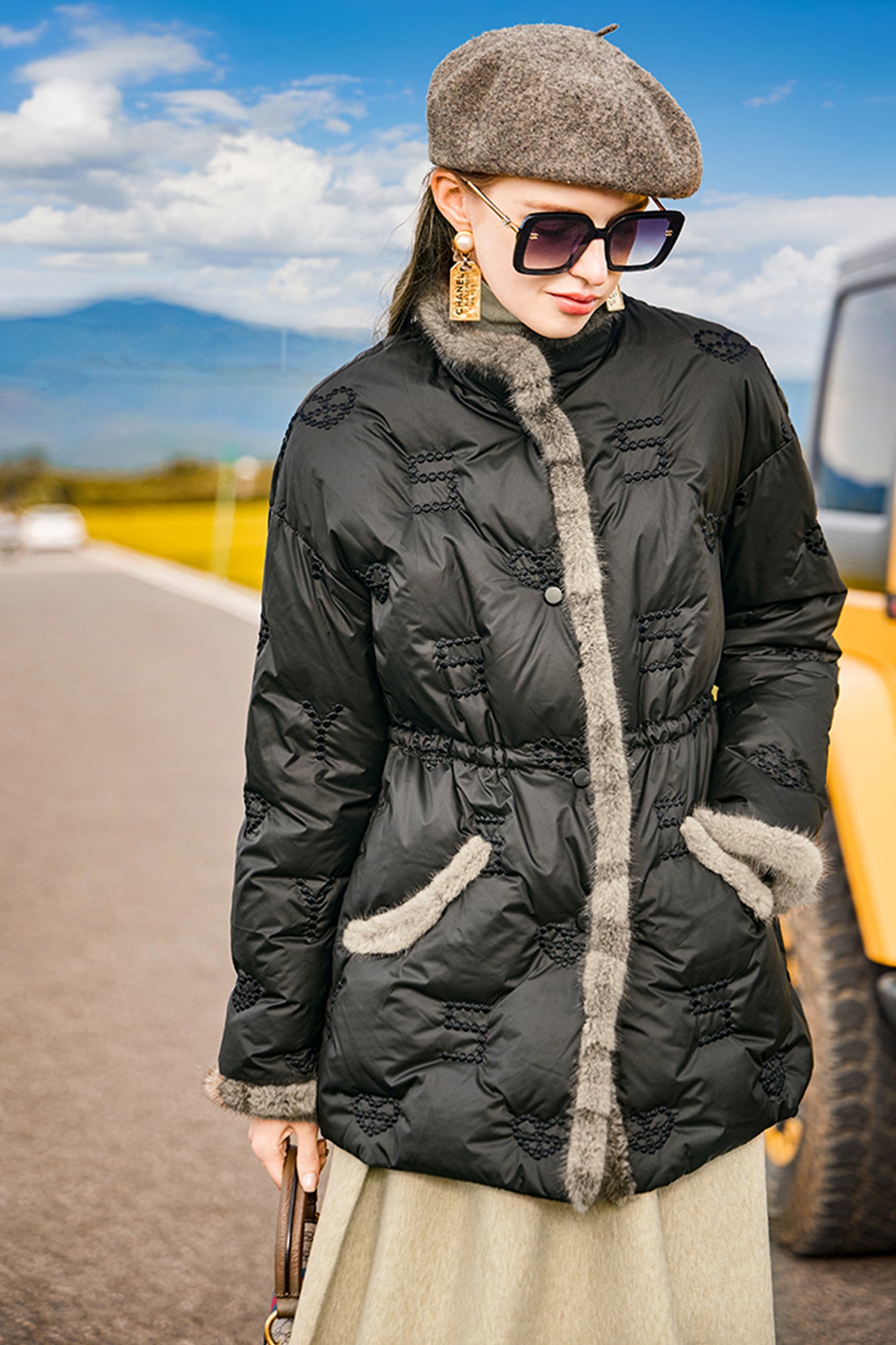 KAMILAN mink fur collar down jacket female 2022 winter new long embroidered white goose down jacket