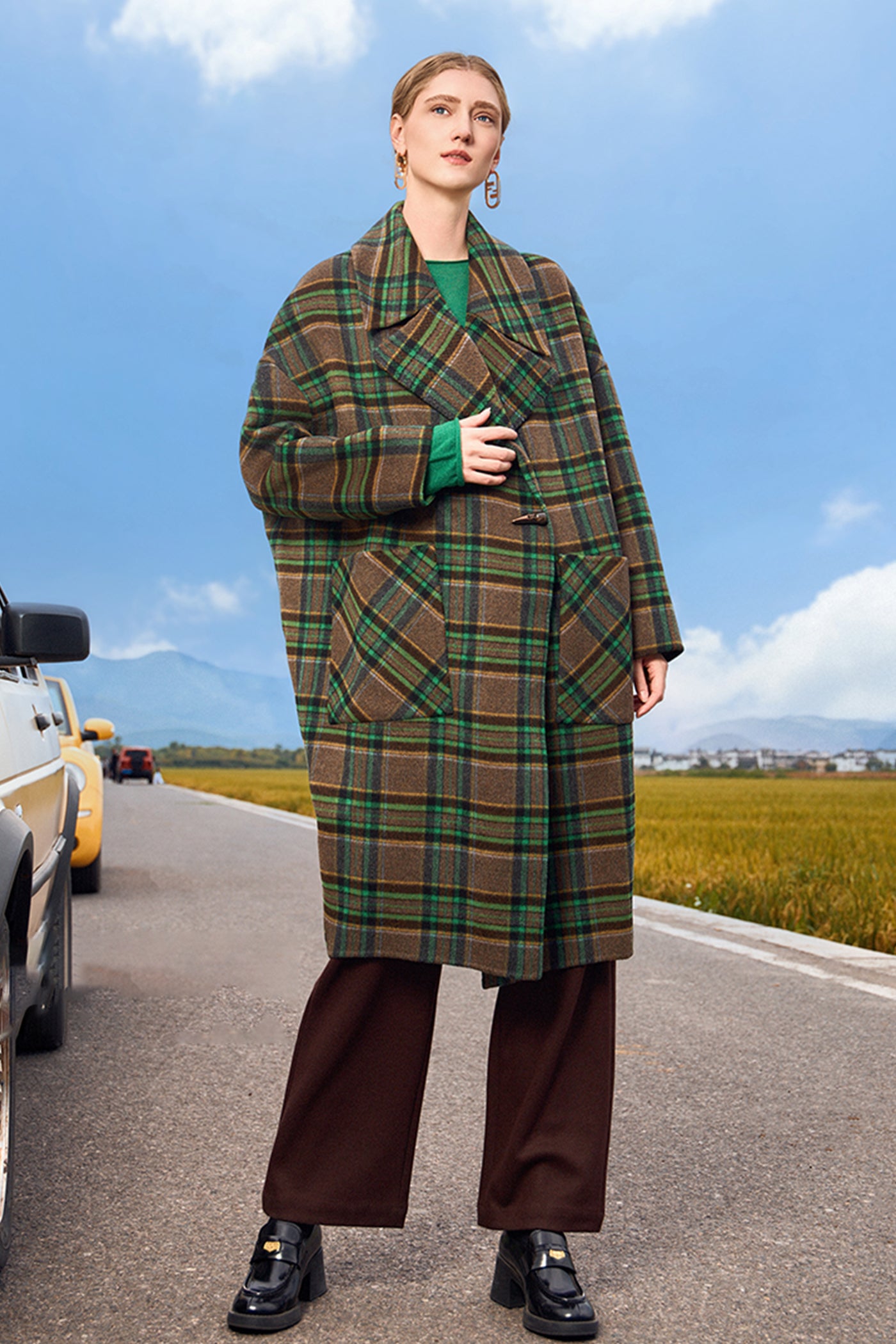 KAMILAN Plaid Double-sided Wool Coat Women's Fall/Winter 2025 New style Loose Mid-long Profile Woolen Coat