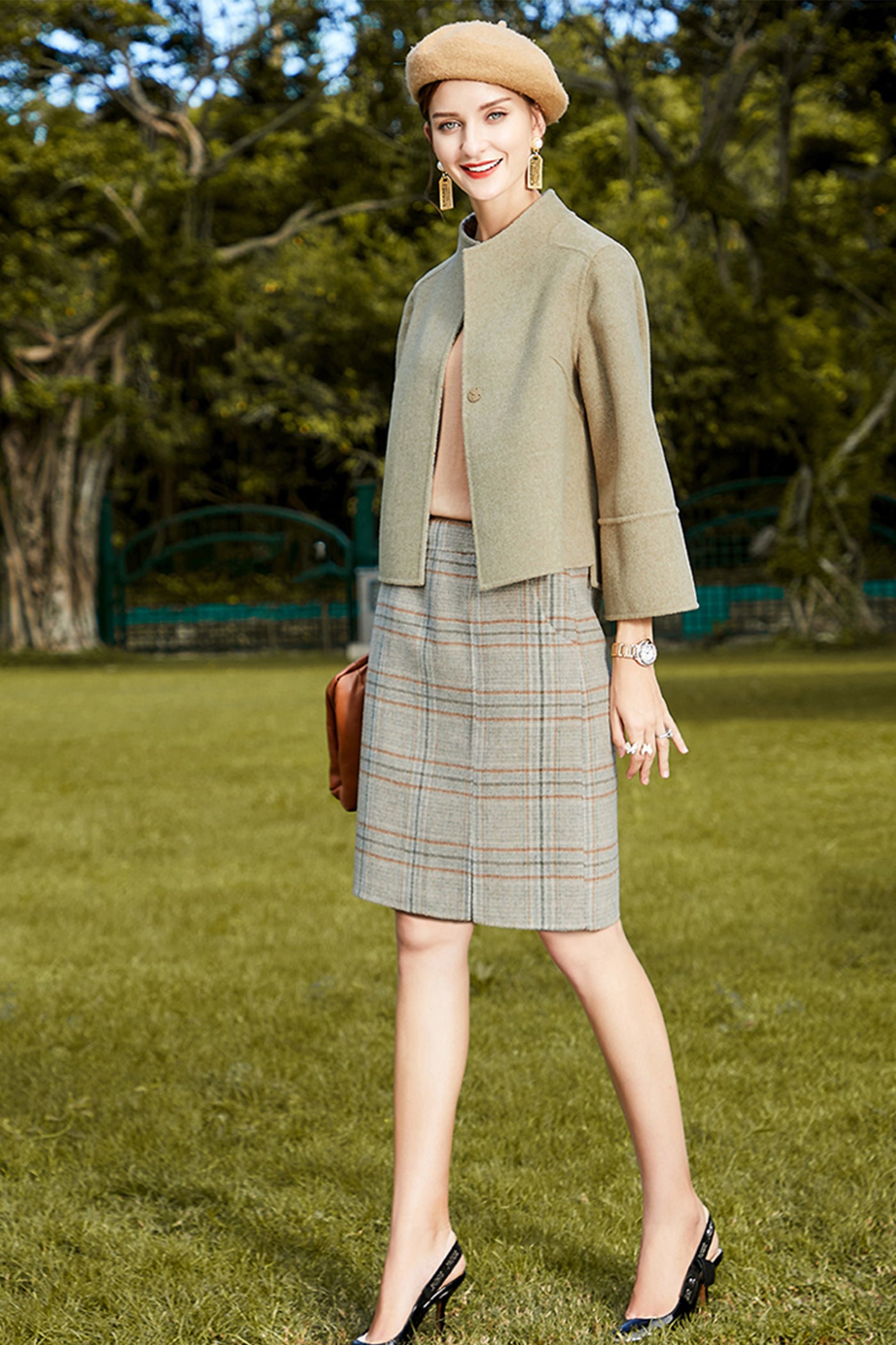 KAMILAN fashion double-sided plaid skirt women's autumn new double-sided woolen skirt