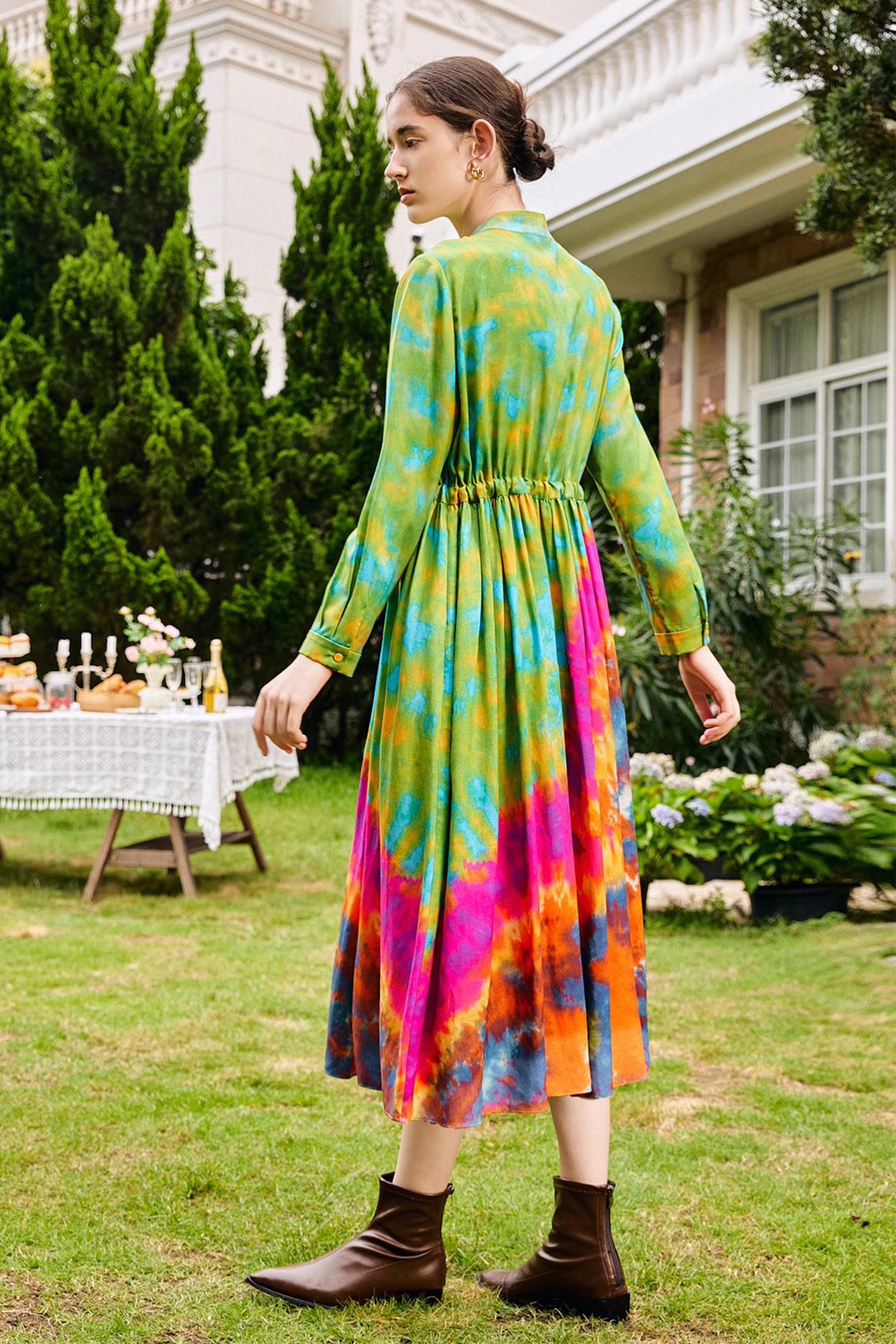 KAMILAN retro shirt-style highwaisted dress women's autumn 2025 new style long-sleeved printed A-line Dresses