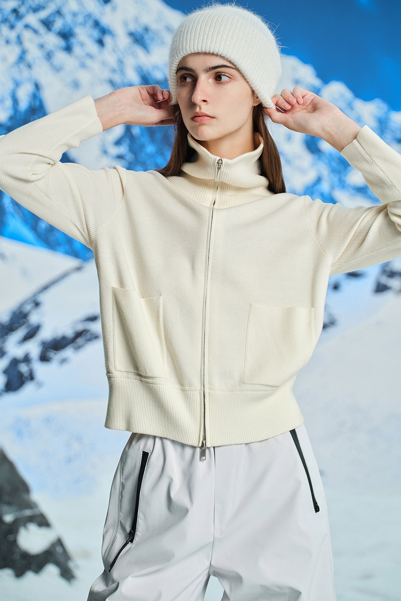 KAMILAN Women's Short Zip-Up Knit Cardigan – 2025 Fall New Turn-Down Collar Long Sleeve Sweater Jacket