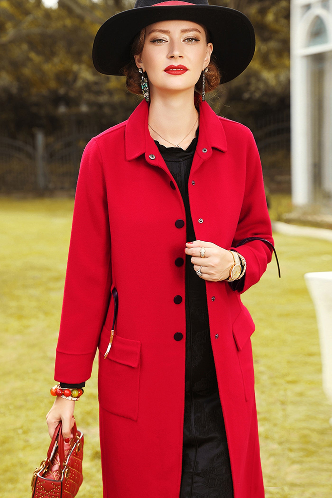 KAMILAN Women's Red Wool Blend Double-Faced Coat 2025 Fall/Winter Loose Fit Mid-Length Elegant Overcoat