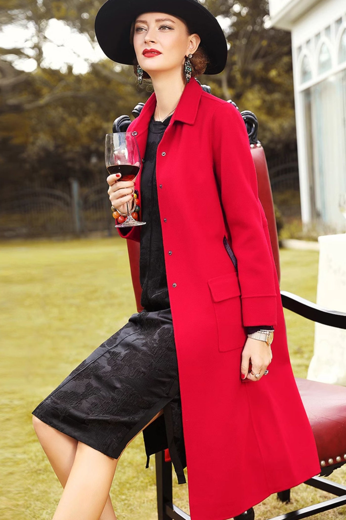 KAMILAN Women's Red Wool Blend Double-Faced Coat 2025 Fall/Winter Loose Fit Mid-Length Elegant Overcoat