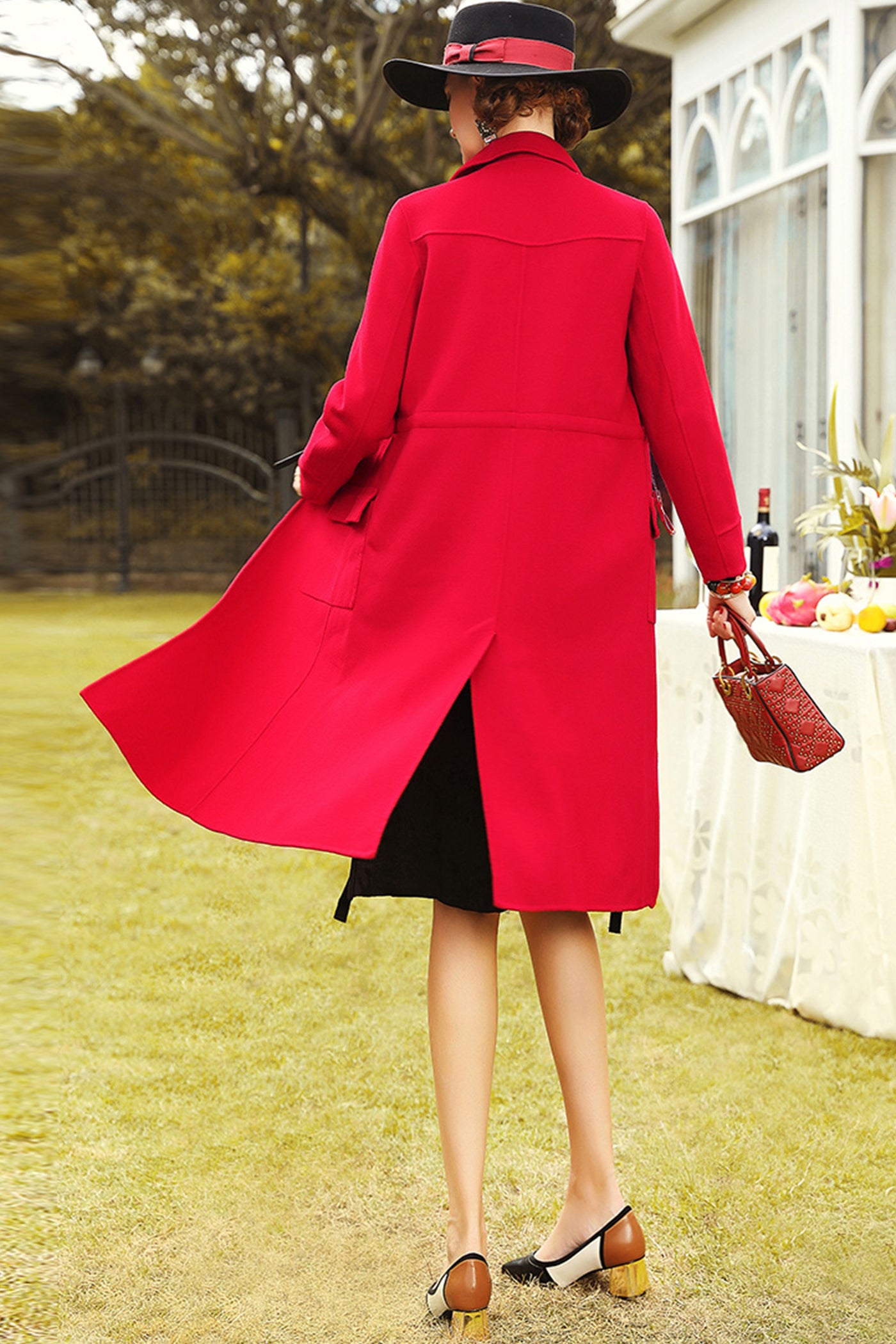 KAMILAN Women's Red Wool Blend Double-Faced Coat 2025 Fall/Winter Loose Fit Mid-Length Elegant Overcoat